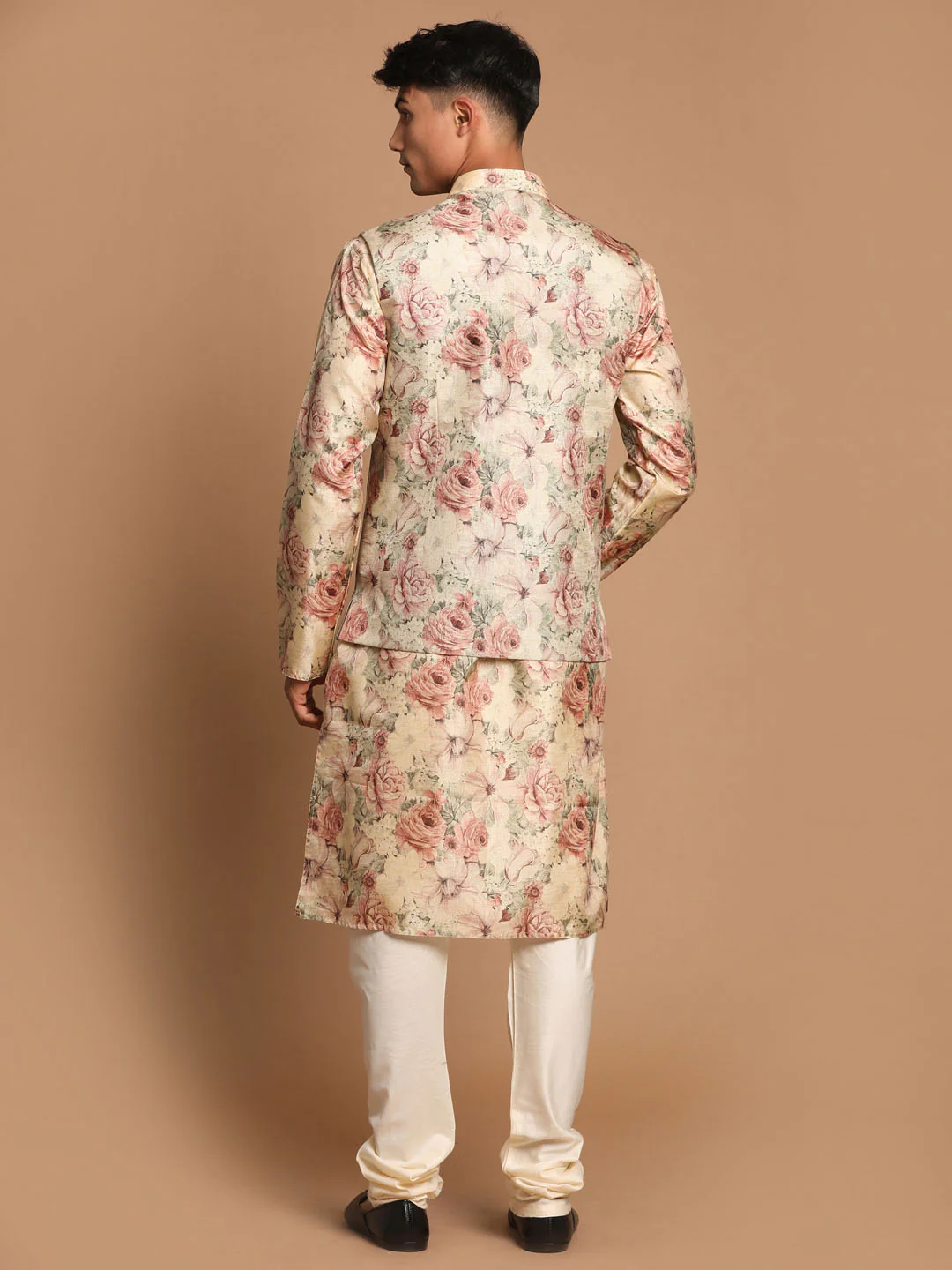 Beige Printed Nehru Jacket And Kurta With Cream Solid Pyjama Set - Image 3