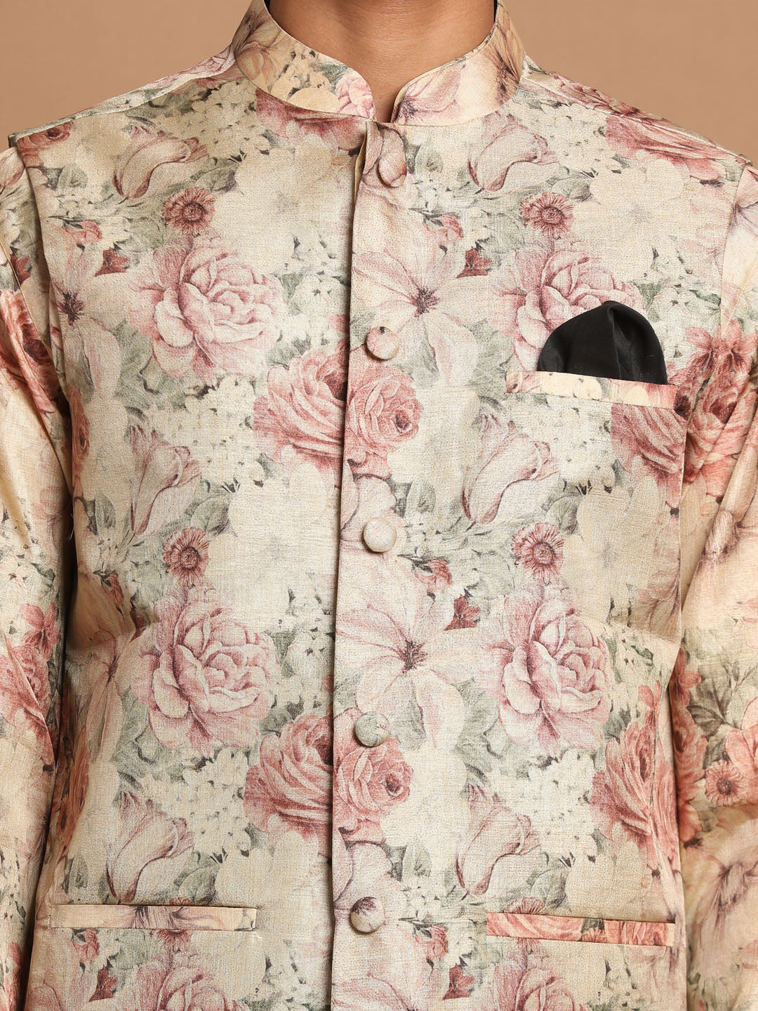 Beige Printed Nehru Jacket And Kurta With Cream Solid Pyjama Set - Image 4