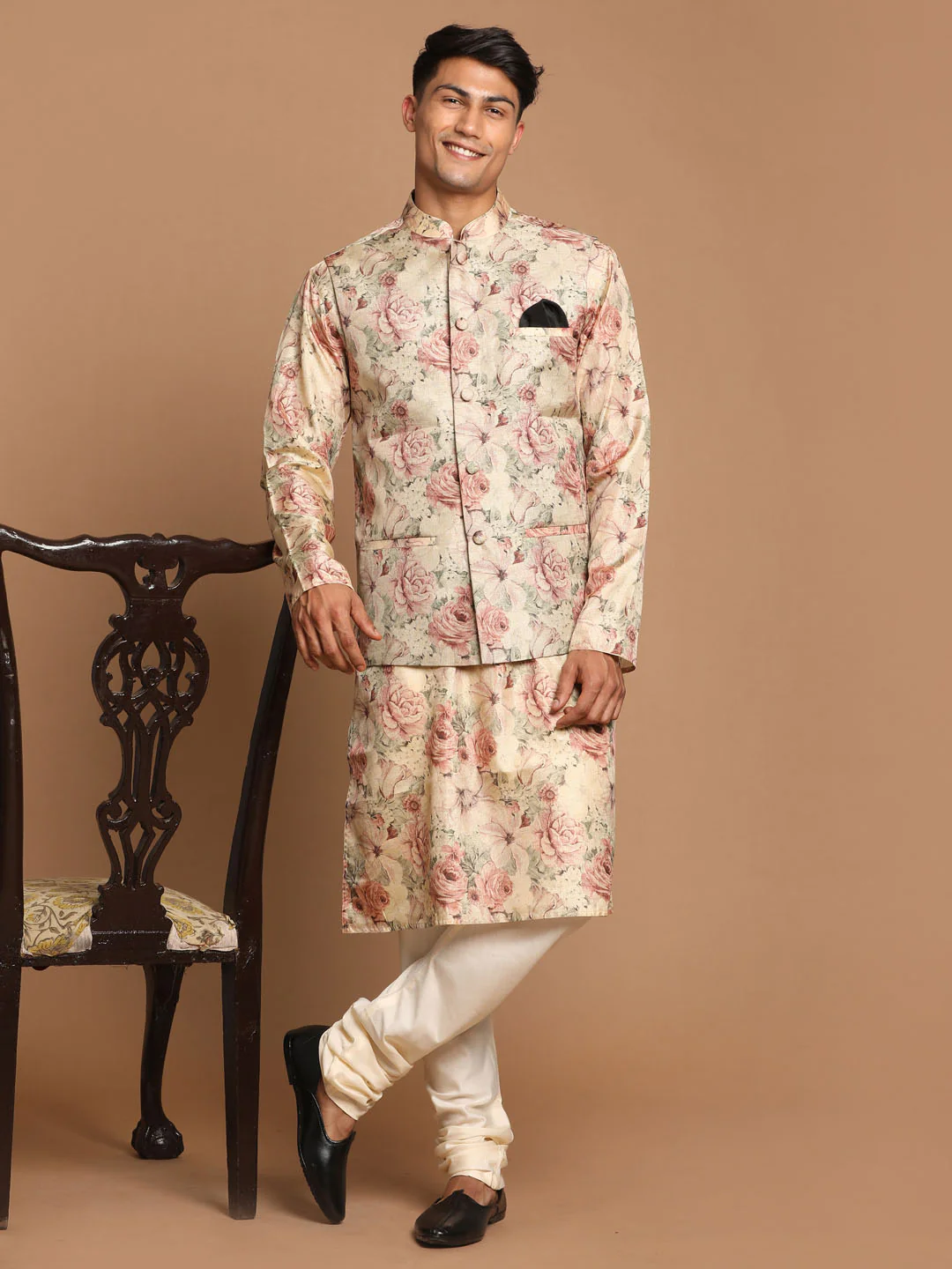 Beige Printed Nehru Jacket And Kurta With Cream Solid Pyjama Set - Image 6