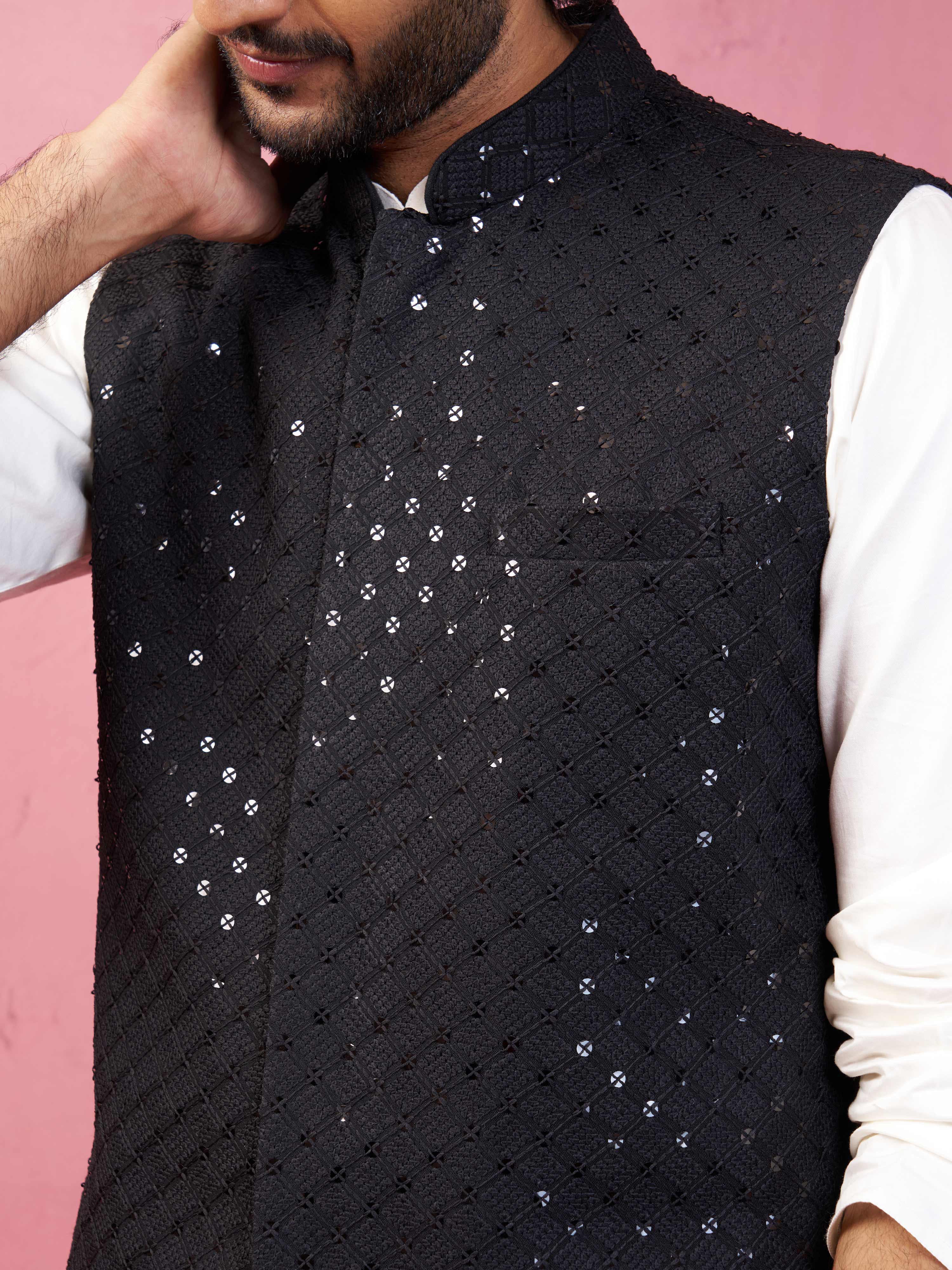 Black Rayon Sequined Nehru Jacket - Image 3