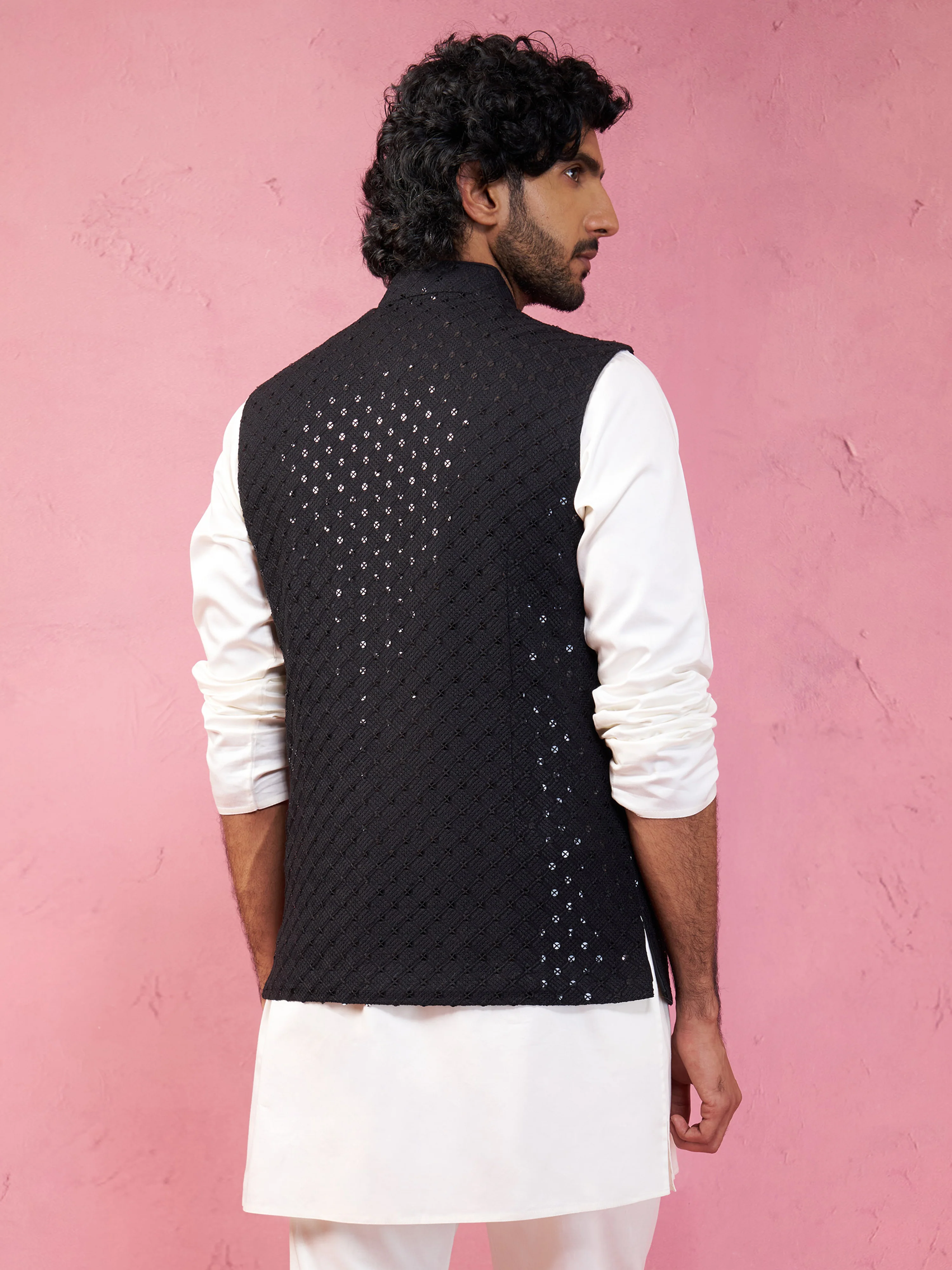 Black Rayon Sequined Nehru Jacket - Image 5