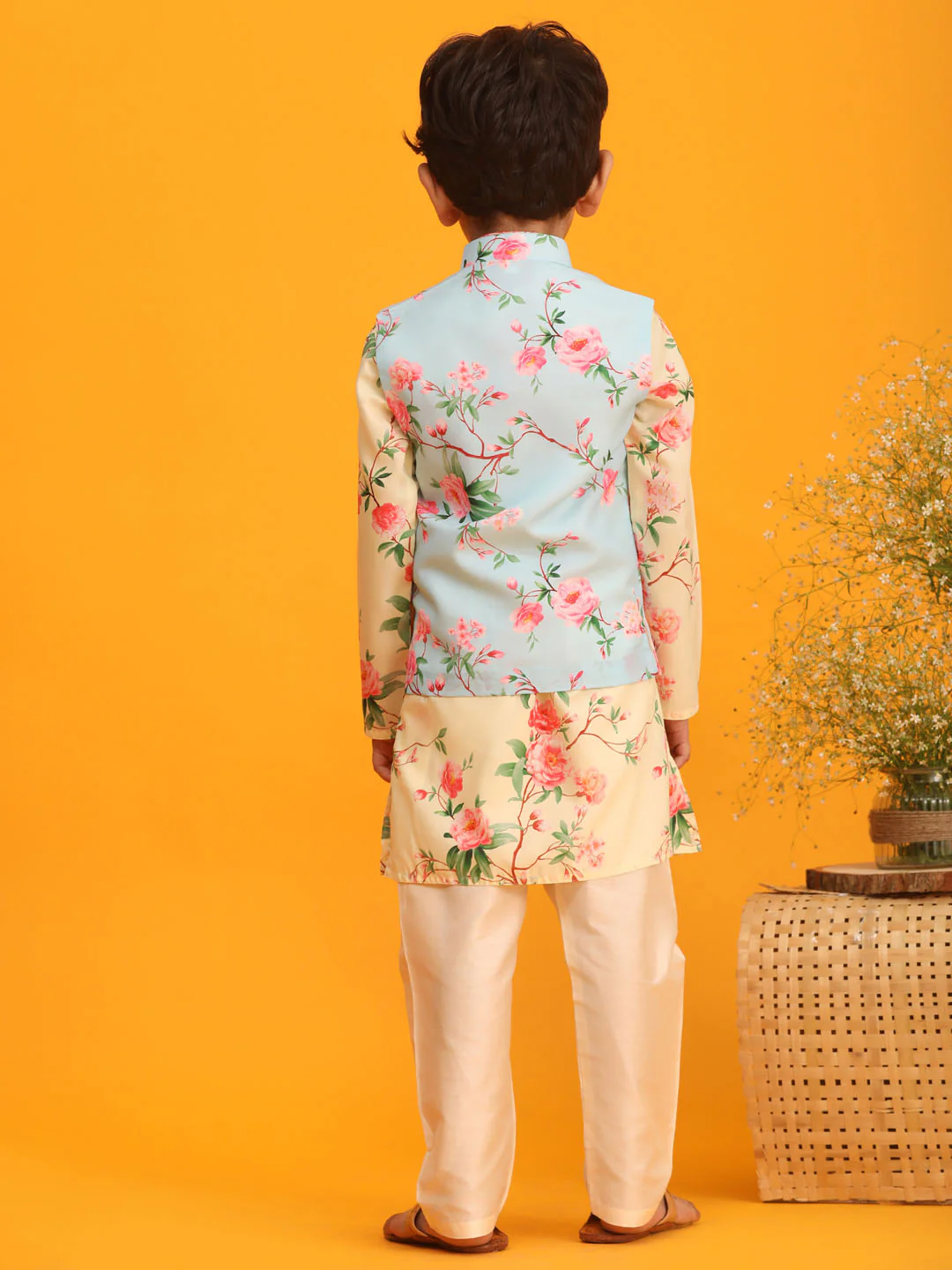 Boy's Aqua Blue Jacket With Yellow Floral Printed Kurta With Cream Solid Pyjama Set - Image 3