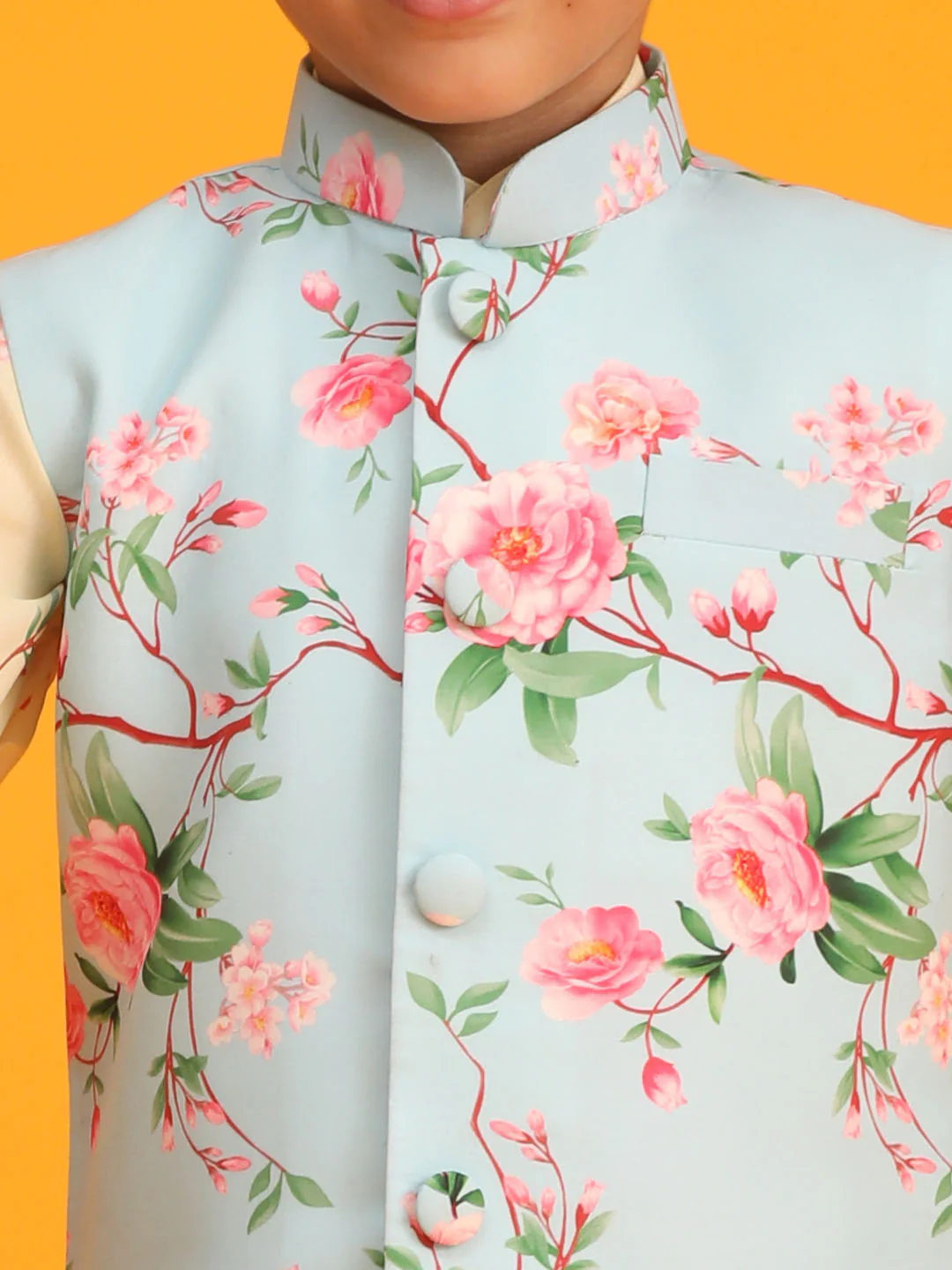 Boy's Aqua Blue Jacket With Yellow Floral Printed Kurta With Cream Solid Pyjama Set - Image 4