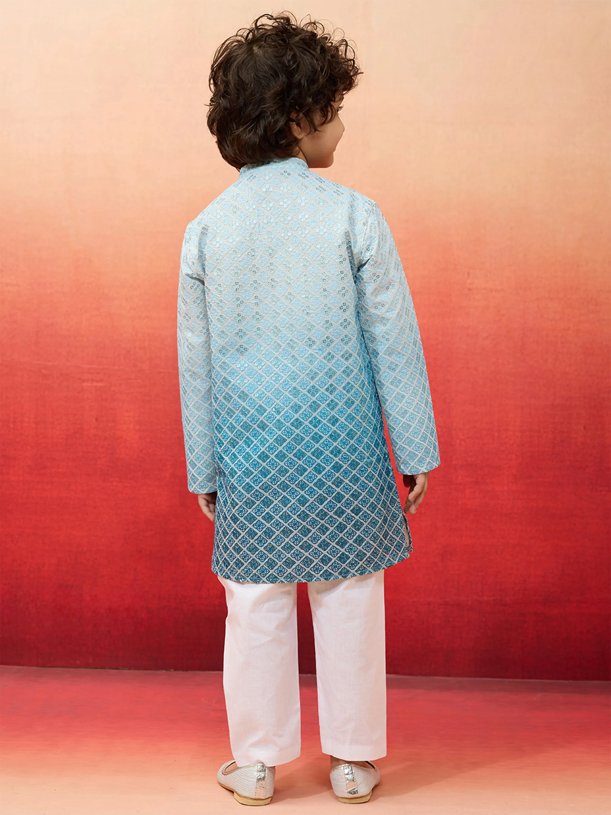 Boys Aqua Sequin Kurta Pajama Set - Image 3