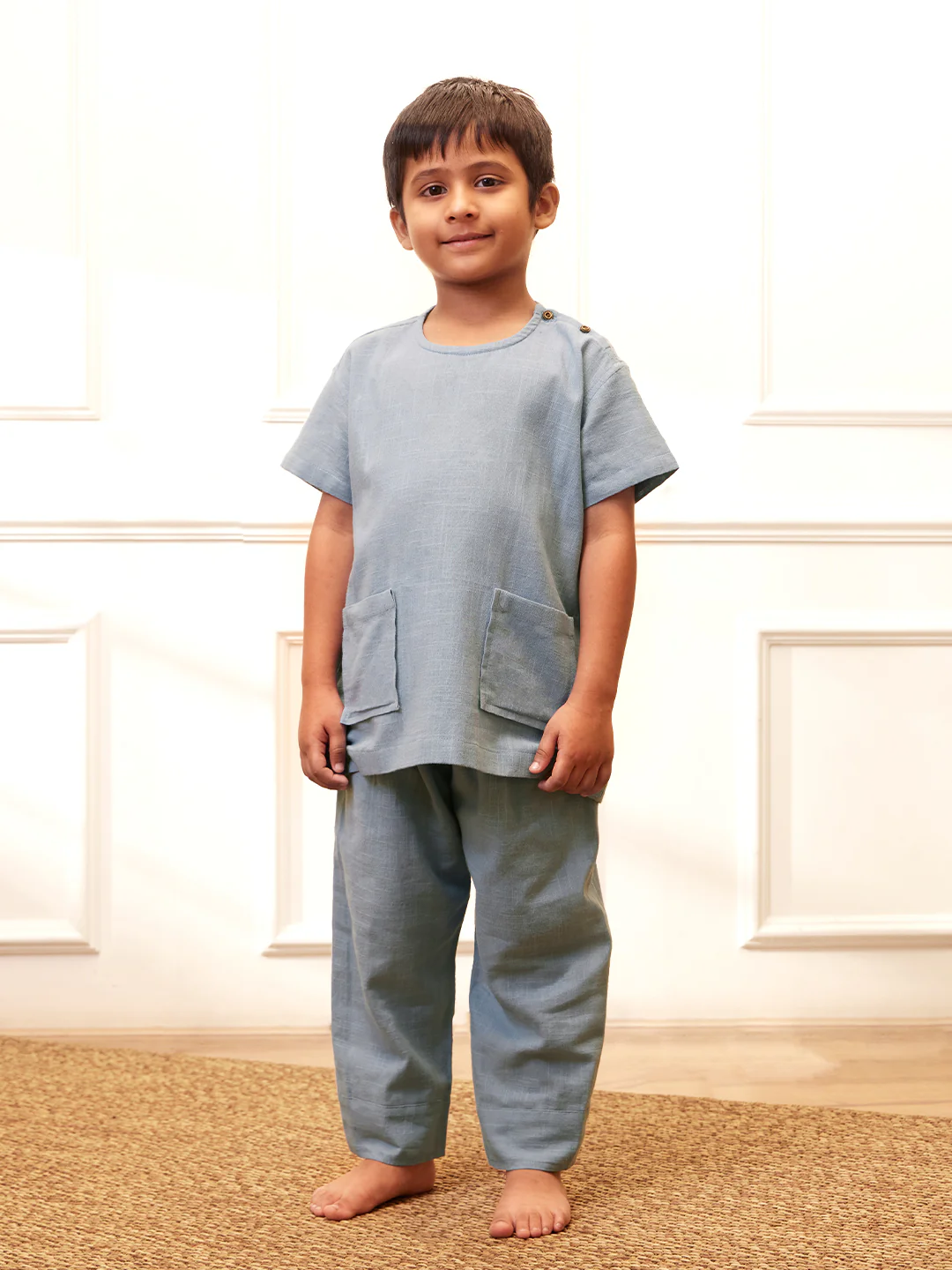 Boy's Aqua Solid Cotton Yoga Kurta Set With Trouser - Image 3