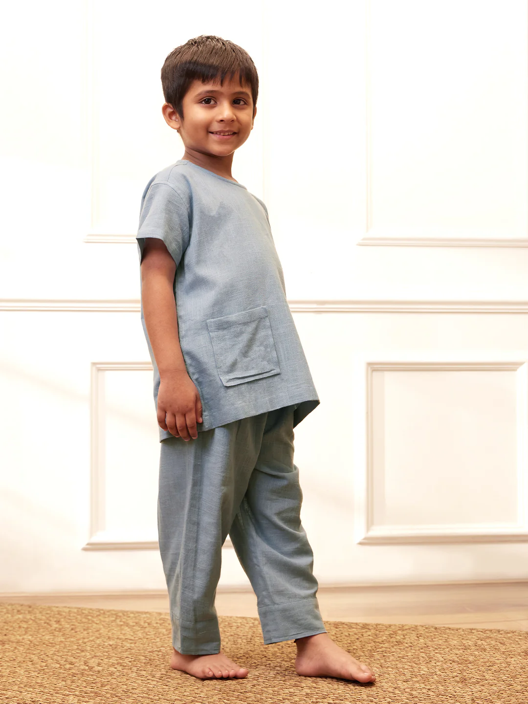 Boy's Aqua Solid Cotton Yoga Kurta Set With Trouser - Image 4