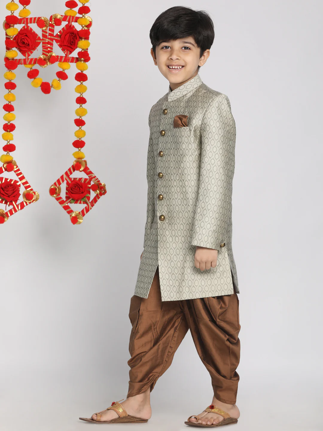 Boy's' Beige,Grey And Coffee Indowestern Sherwani And Cowl Dhoti Pant Set - Image 2