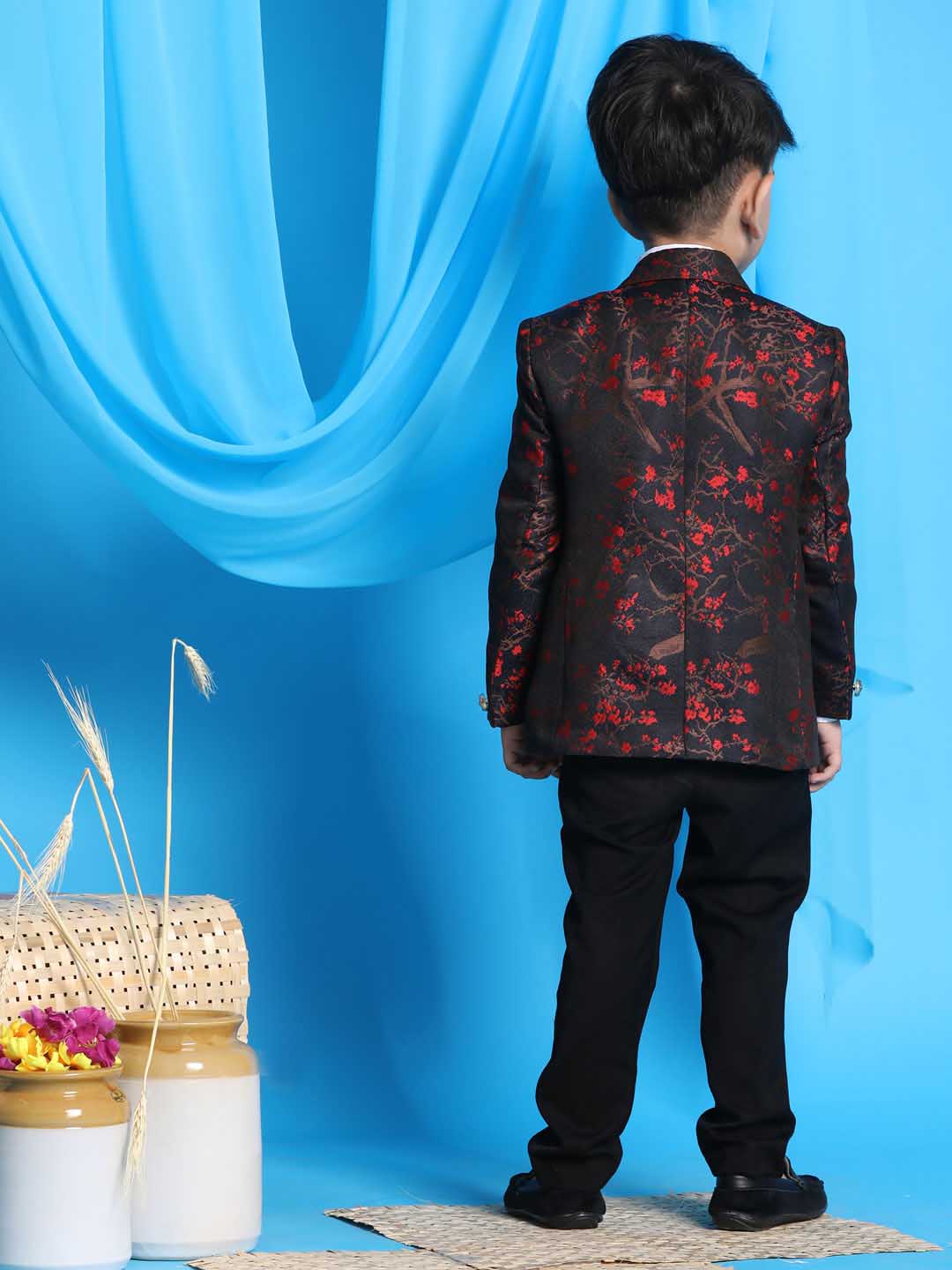 Boy's Black And Red Woven Design Blazer - Image 3