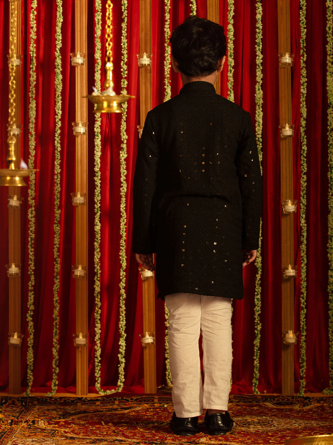 Boy's' Black And White Schiffli Kurta Pyjama Set - Image 3