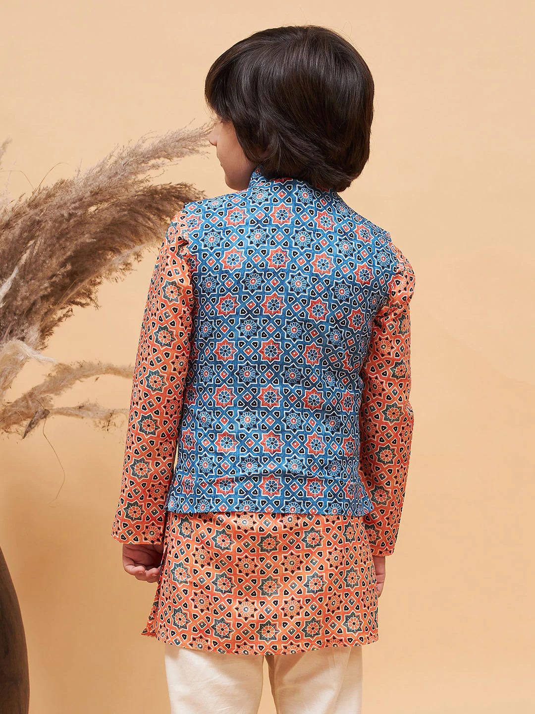 Boy's Blue Printed Nehru Jacket - Image 3