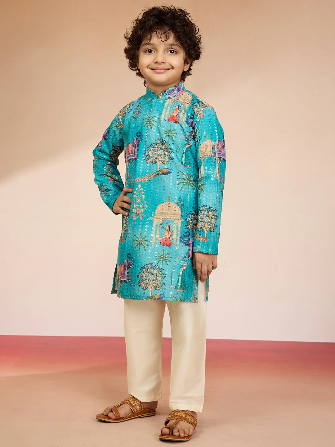 Boys Blue Sequin Kurta Pajama Set - Image 2