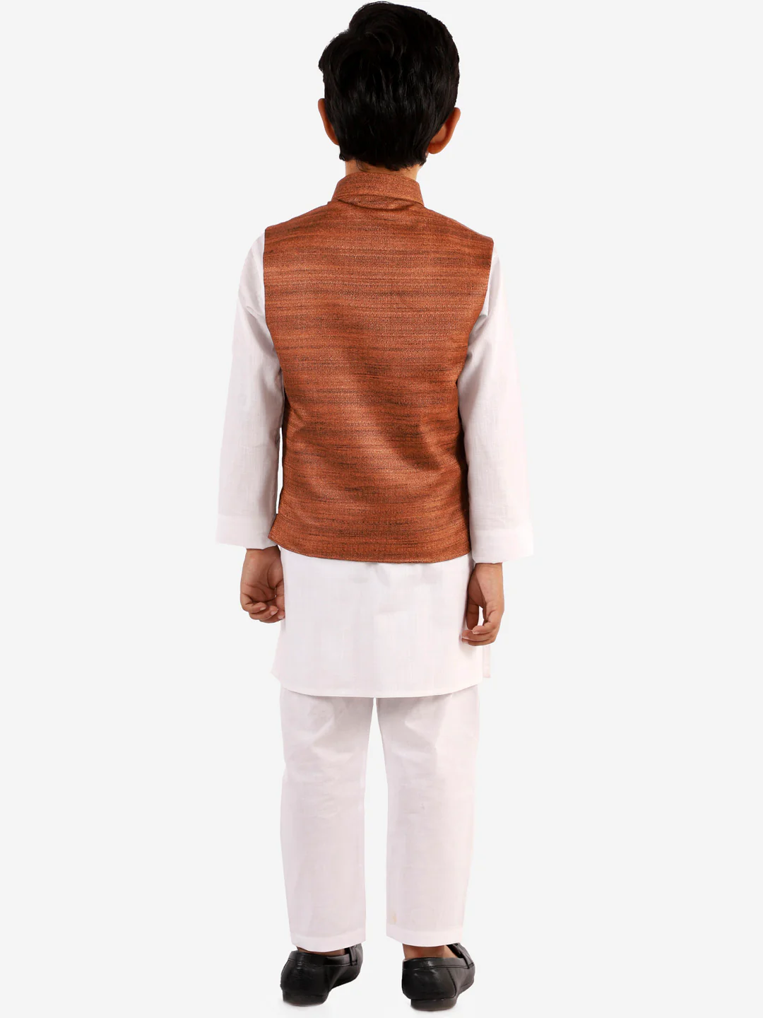 Boy's Coffee Brown And White Jacket, Kurta And Pyjama Set - Image 3