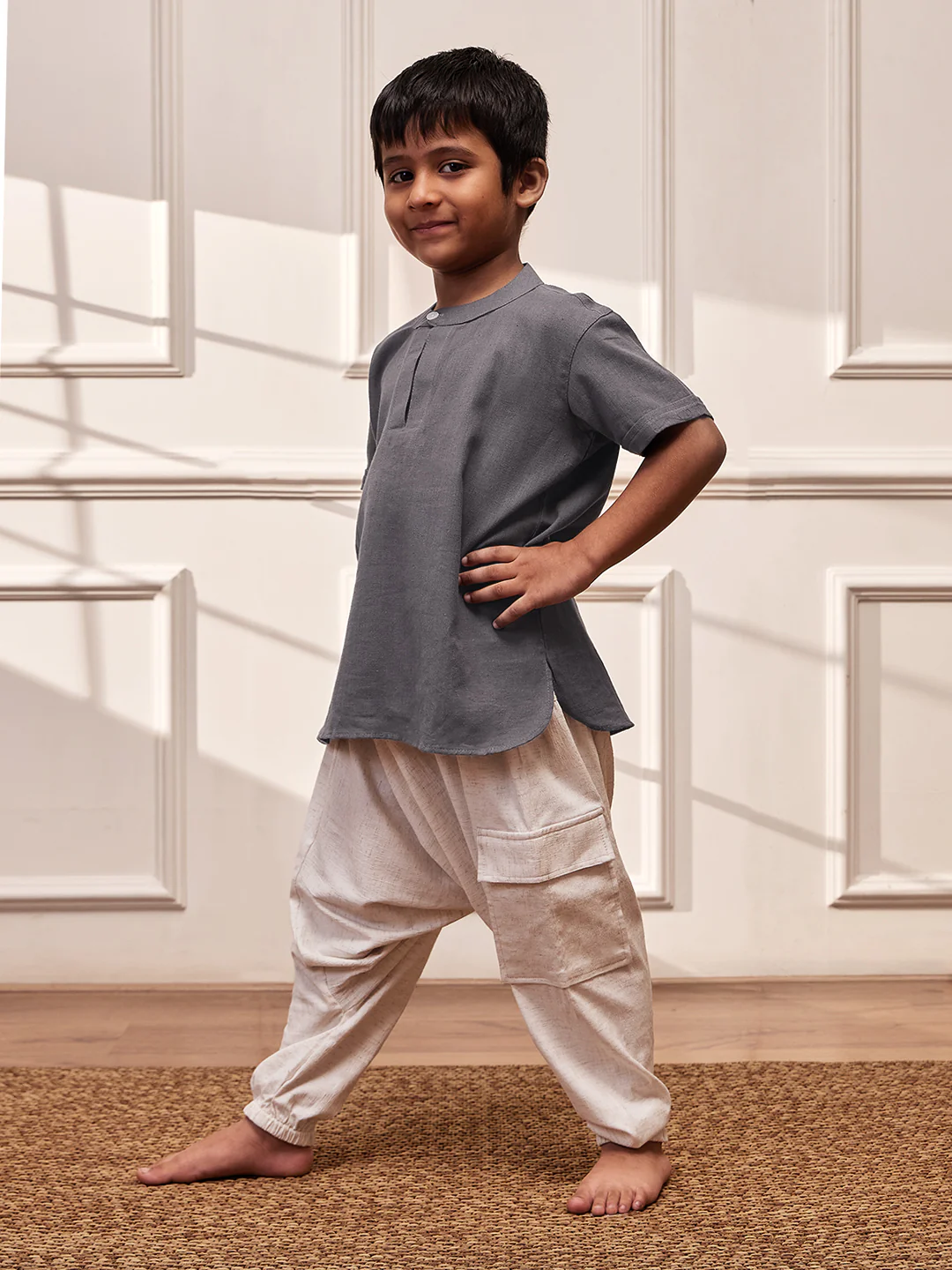 Boy's Grey Cotton Yoga Kurta Set With Harem Pants - Kids Sizes - Image 4
