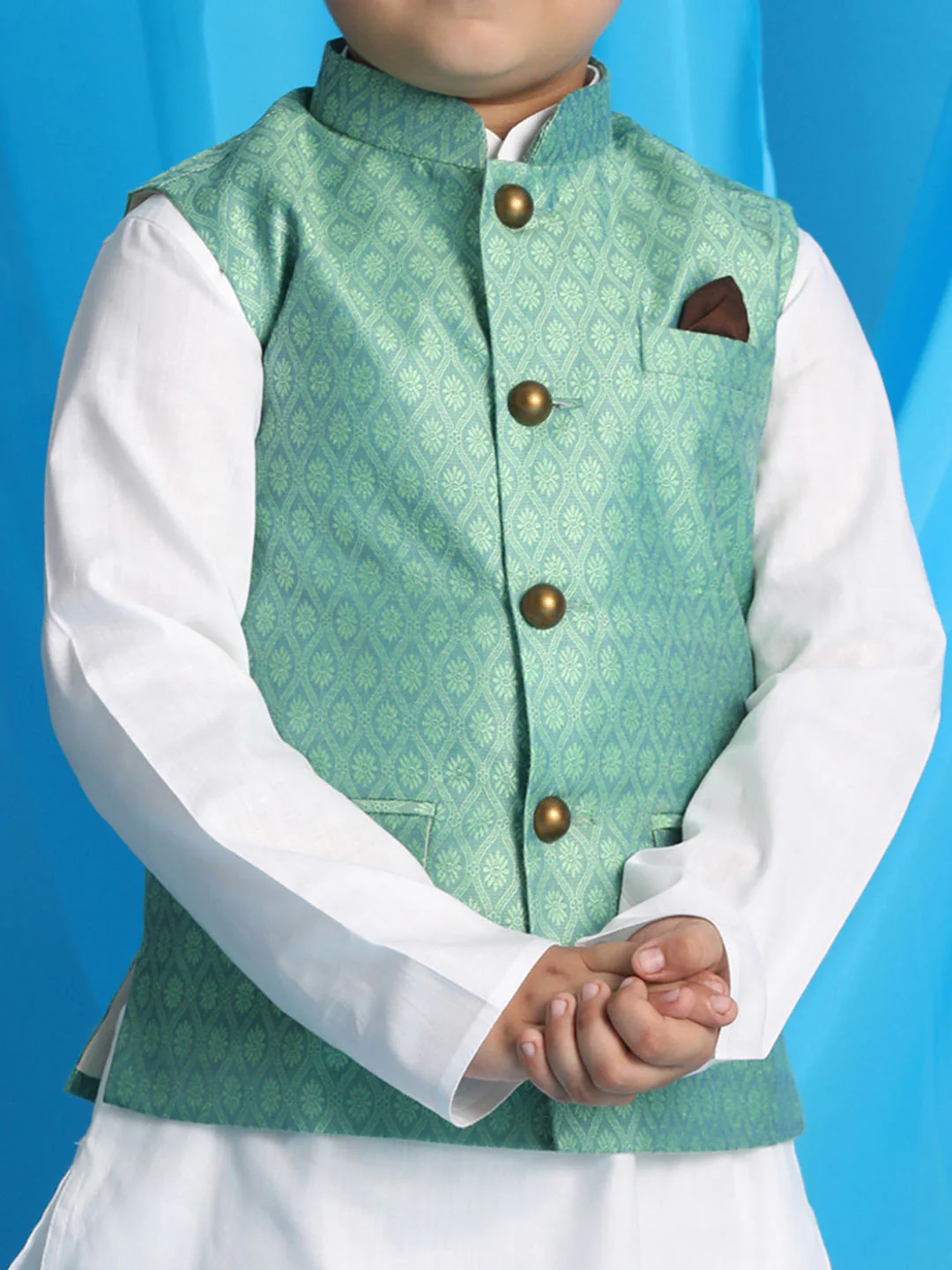 Boy's Light Green Woven Jacket With White Kurta And Pyjama Set - Image 4