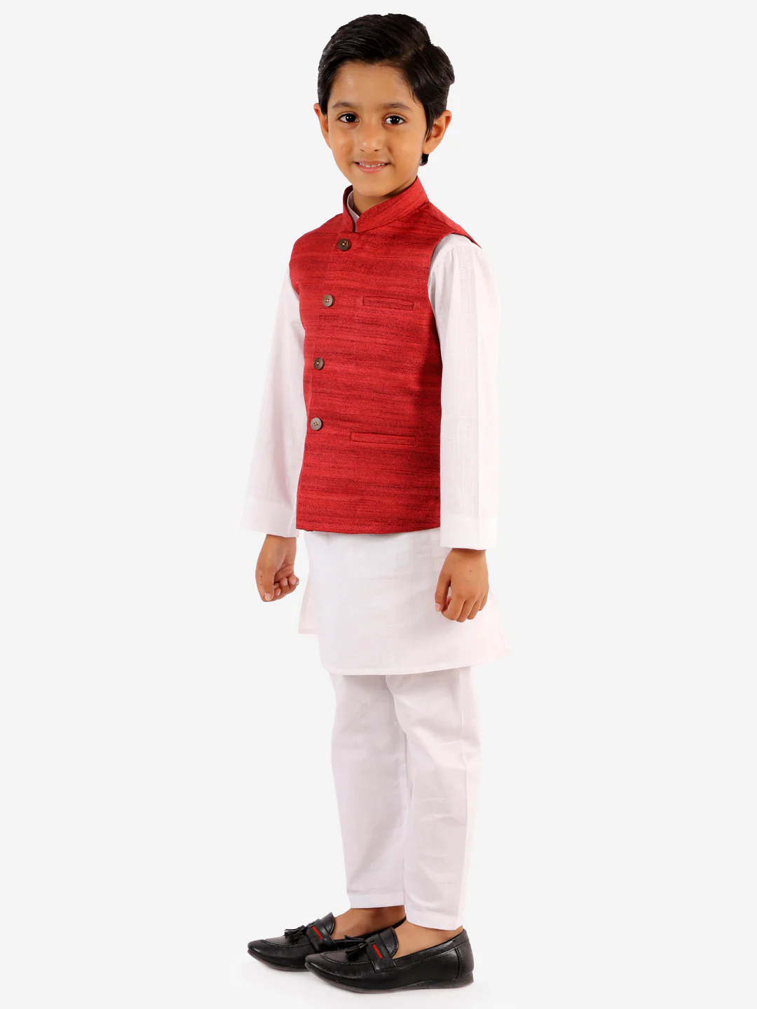 Boy's' Maroon And White Jacket, Kurta And Pyjama Set - Image 6