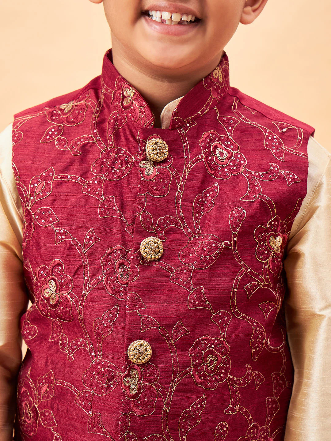 Boy's Maroon Nehru Jacket With Gold Kurta And Pyjama Set - Image 4