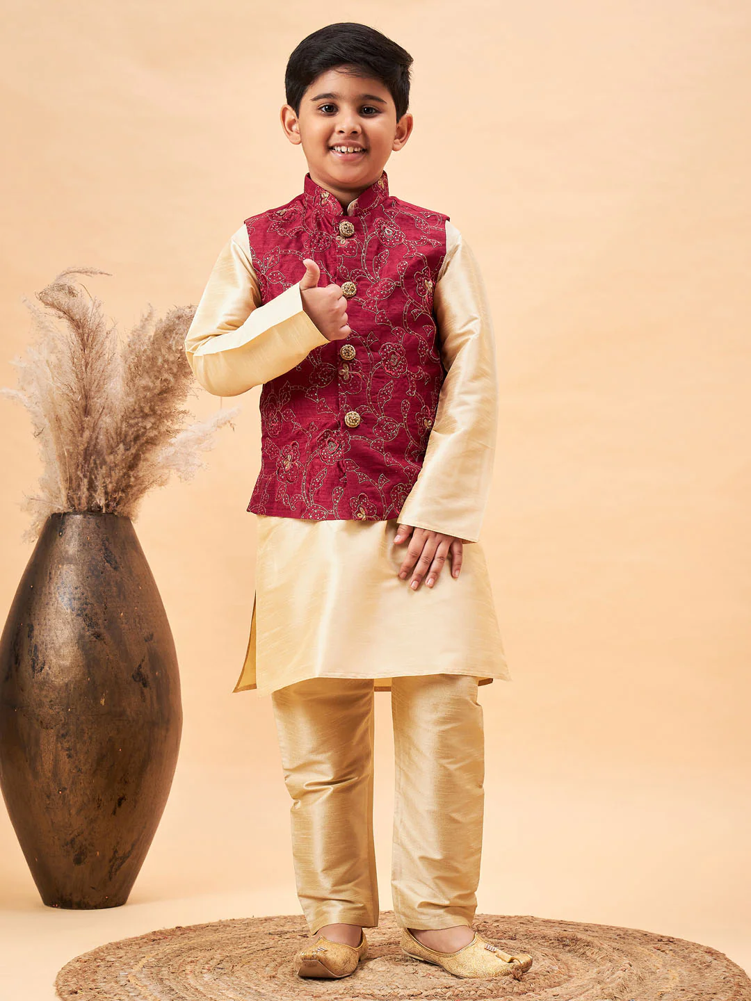 Boy's Maroon Nehru Jacket With Gold Kurta And Pyjama Set - Image 6