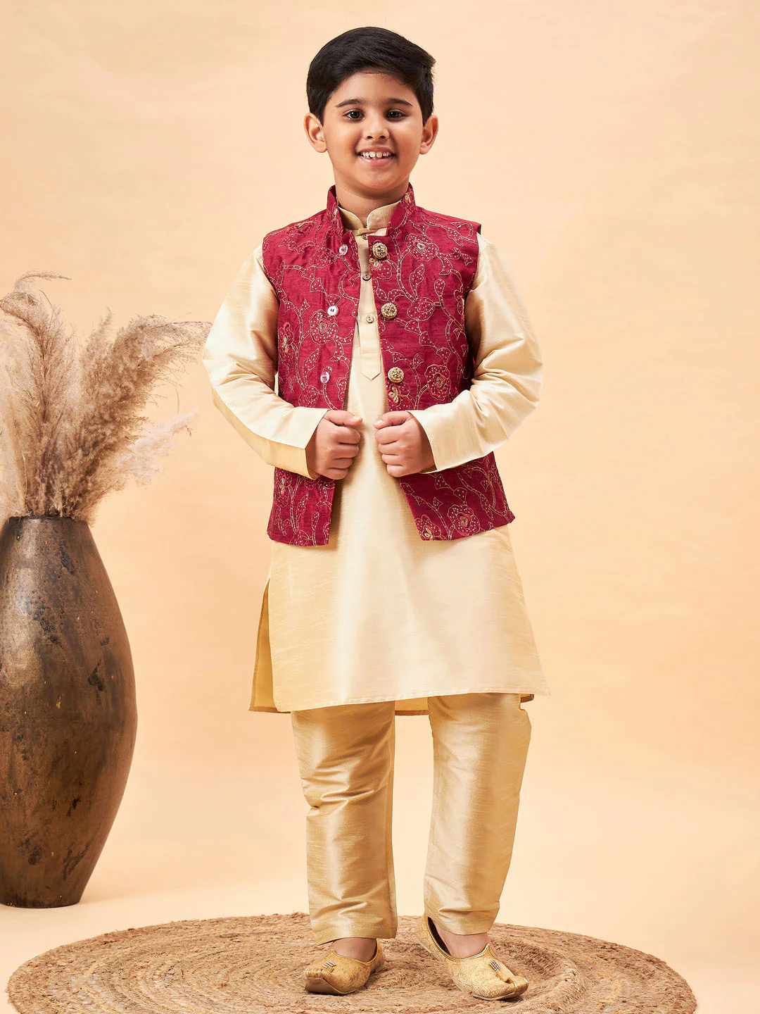 Boy's Maroon Nehru Jacket With Gold Kurta And Pyjama Set - Image 7
