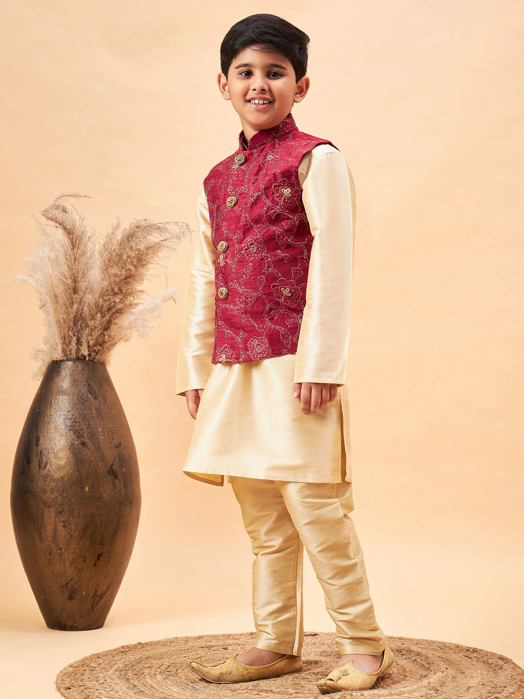 Boy's Maroon Nehru Jacket With Gold Kurta And Pyjama Set - Image 8