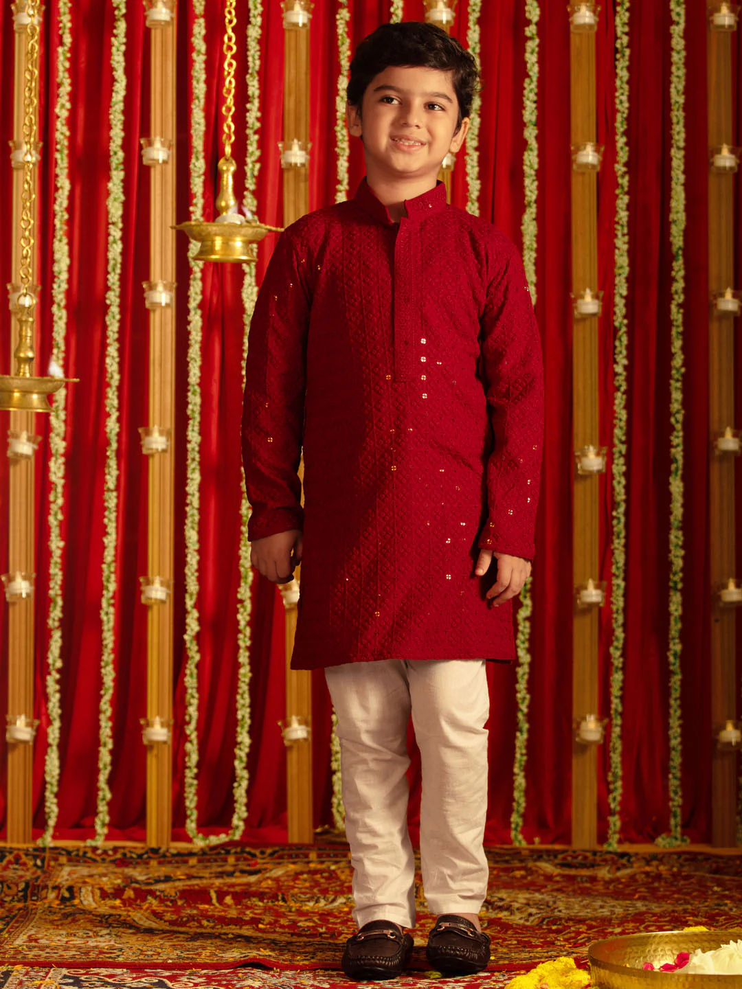 Boy's' Maroon And White Schiffli  Kurta Pyjama Set