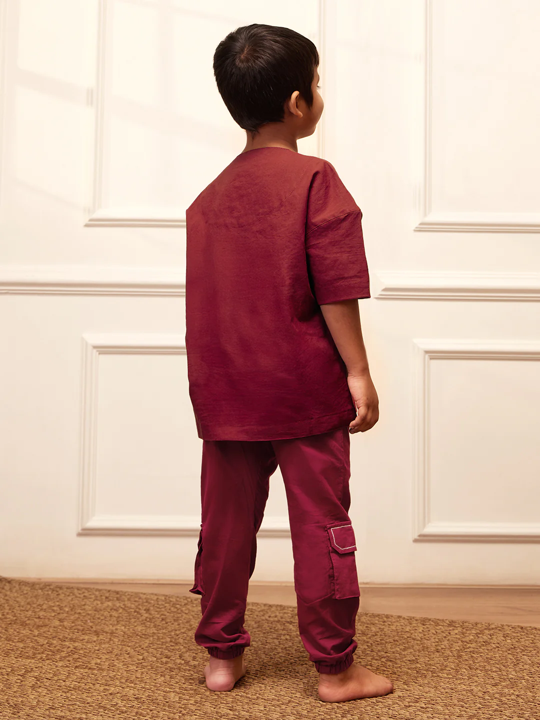 Boy's Maroon Solid Cotton Yoga Kurta Set With Cargo Pants - Image 5