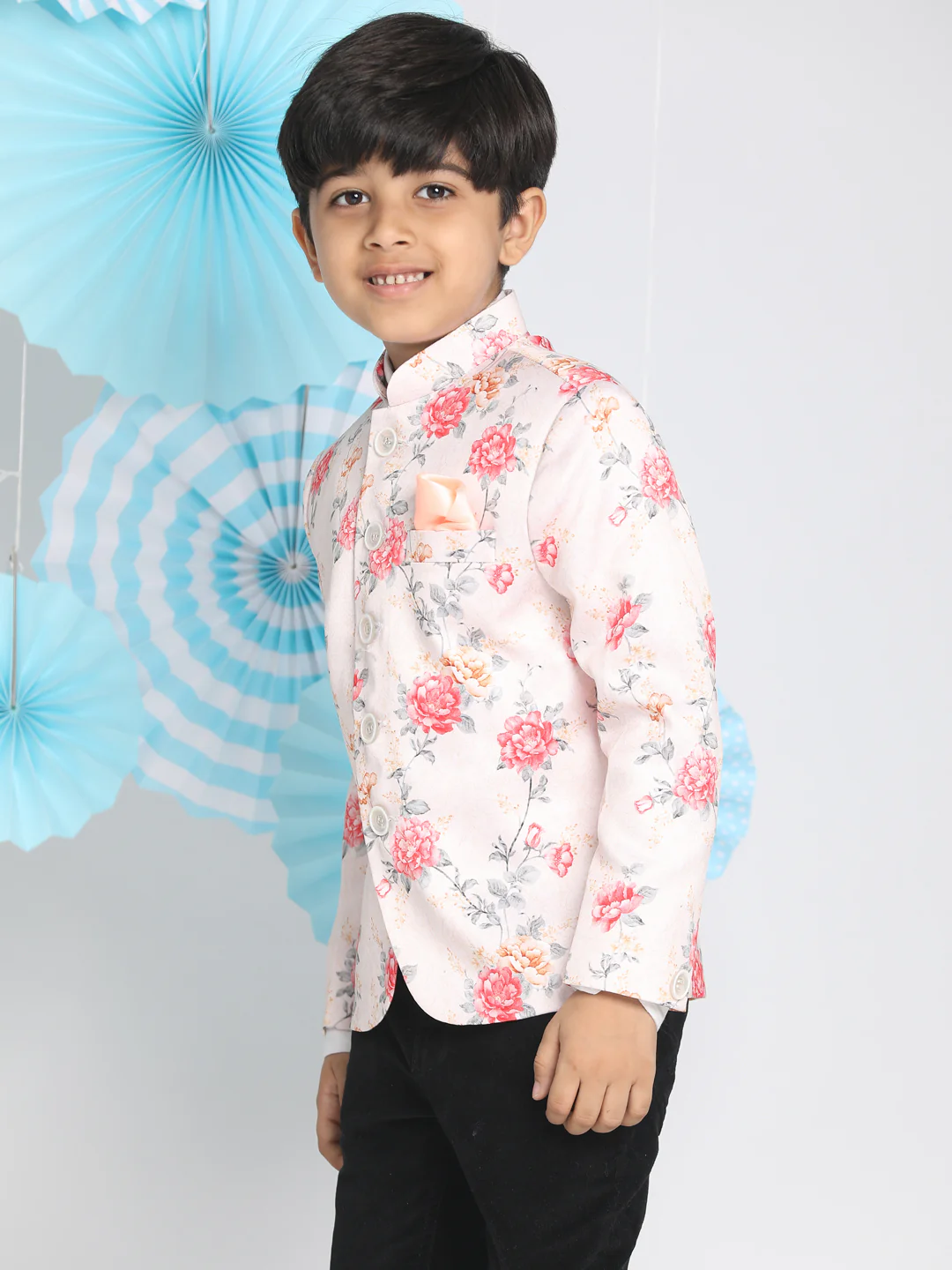 Floral Printed Peach Bandhgala Prince Coat Jodhpuri - Image 2