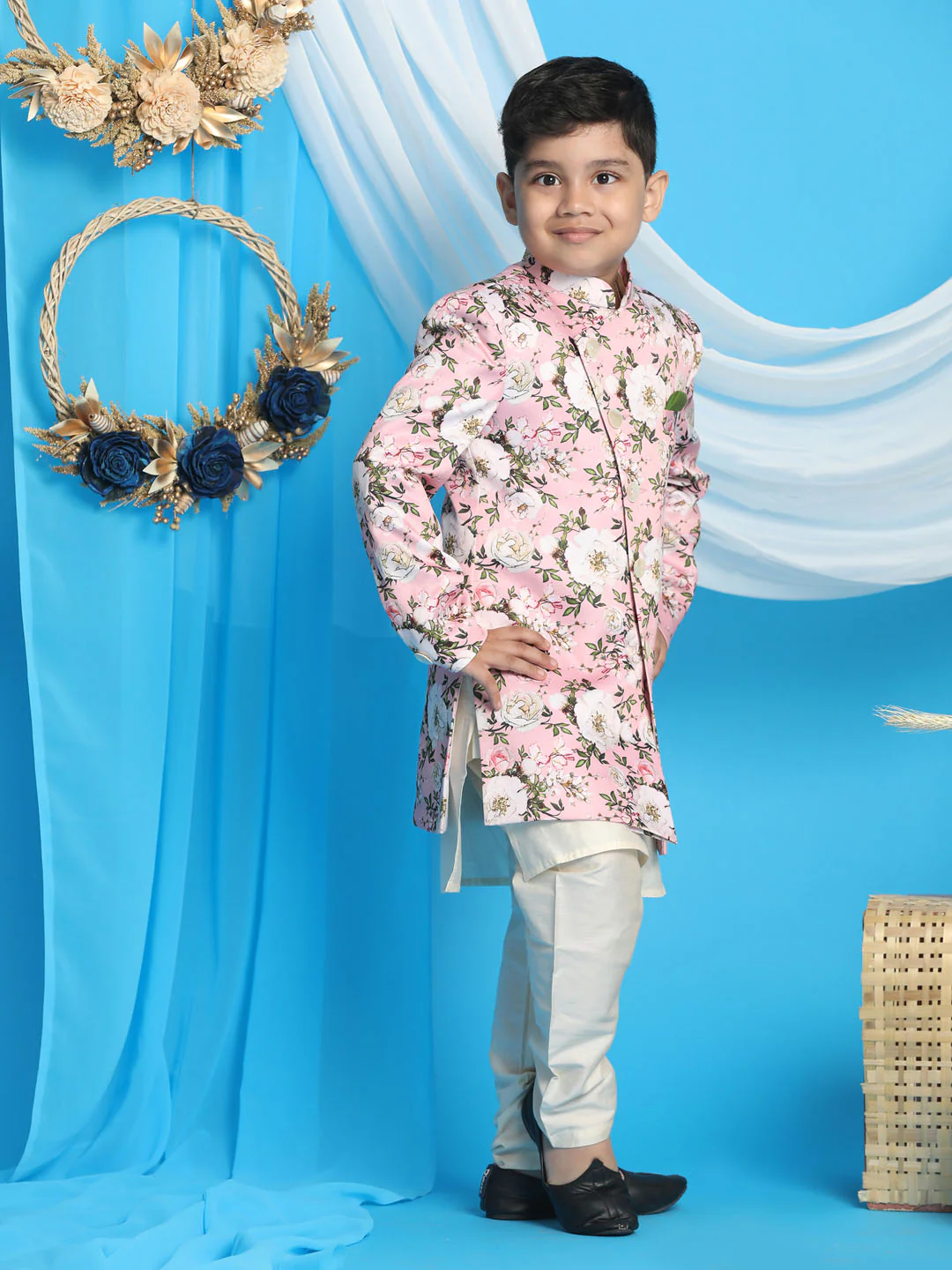 Boy's' Multicolored-Base-Pink Indowestern Set - Image 2