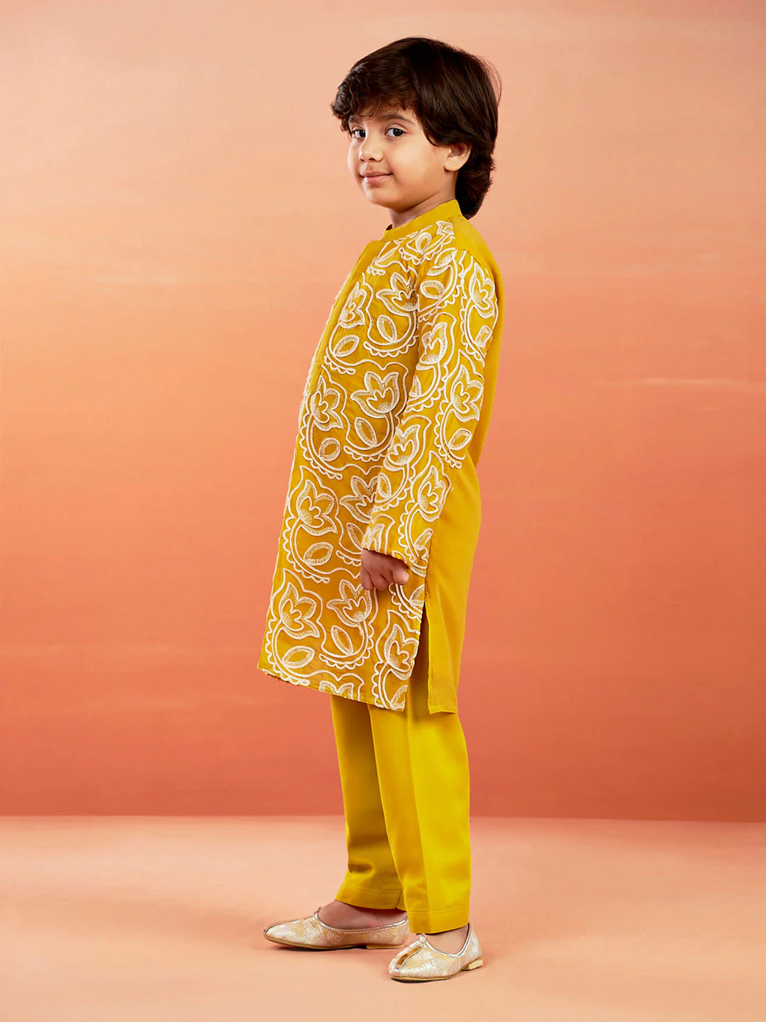 Boy's' Mustard Kurta And Pyjama Set - Image 4