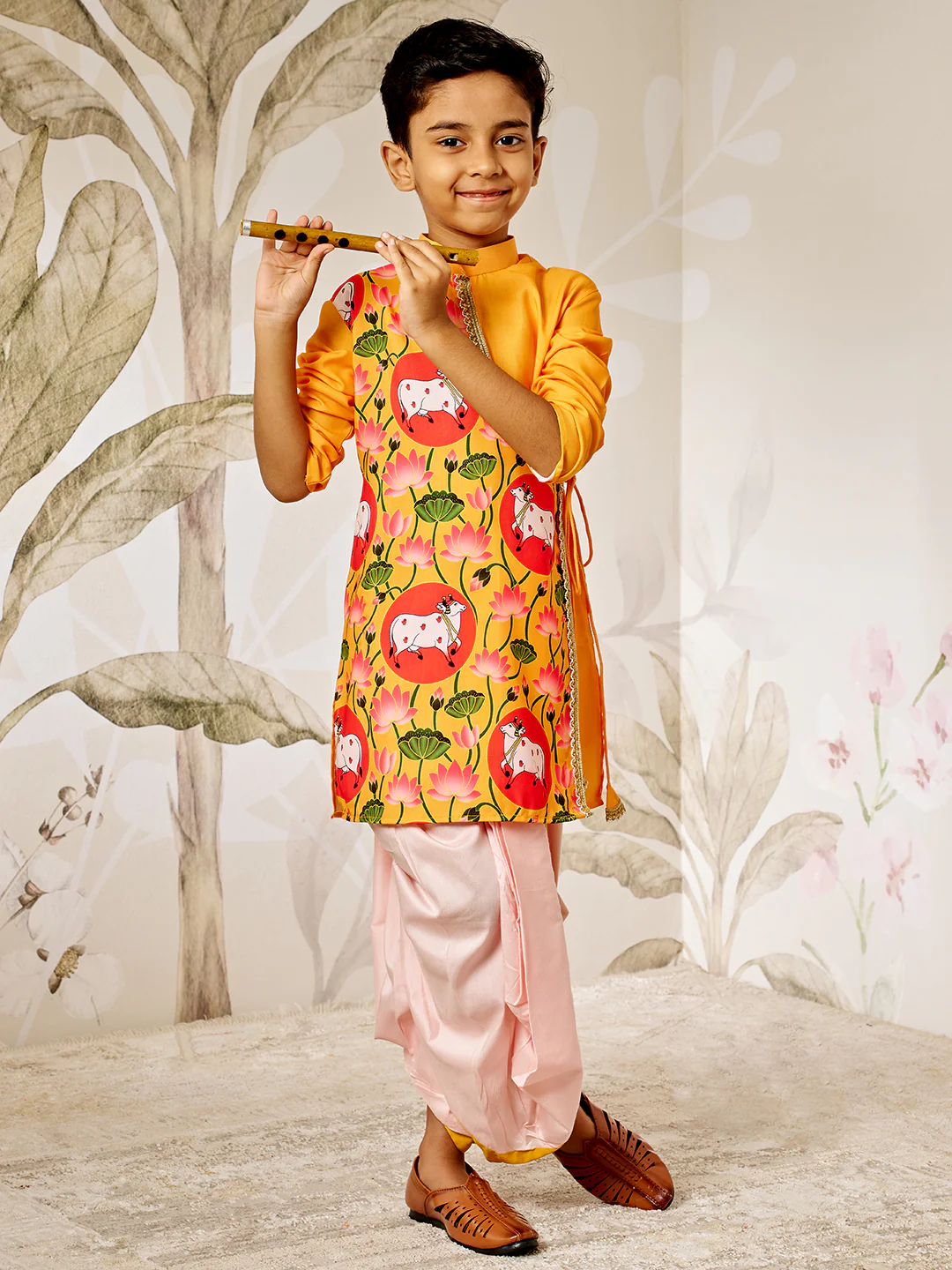 Boy's Mustard Muslin Kurta Dhoti Set - Image 5