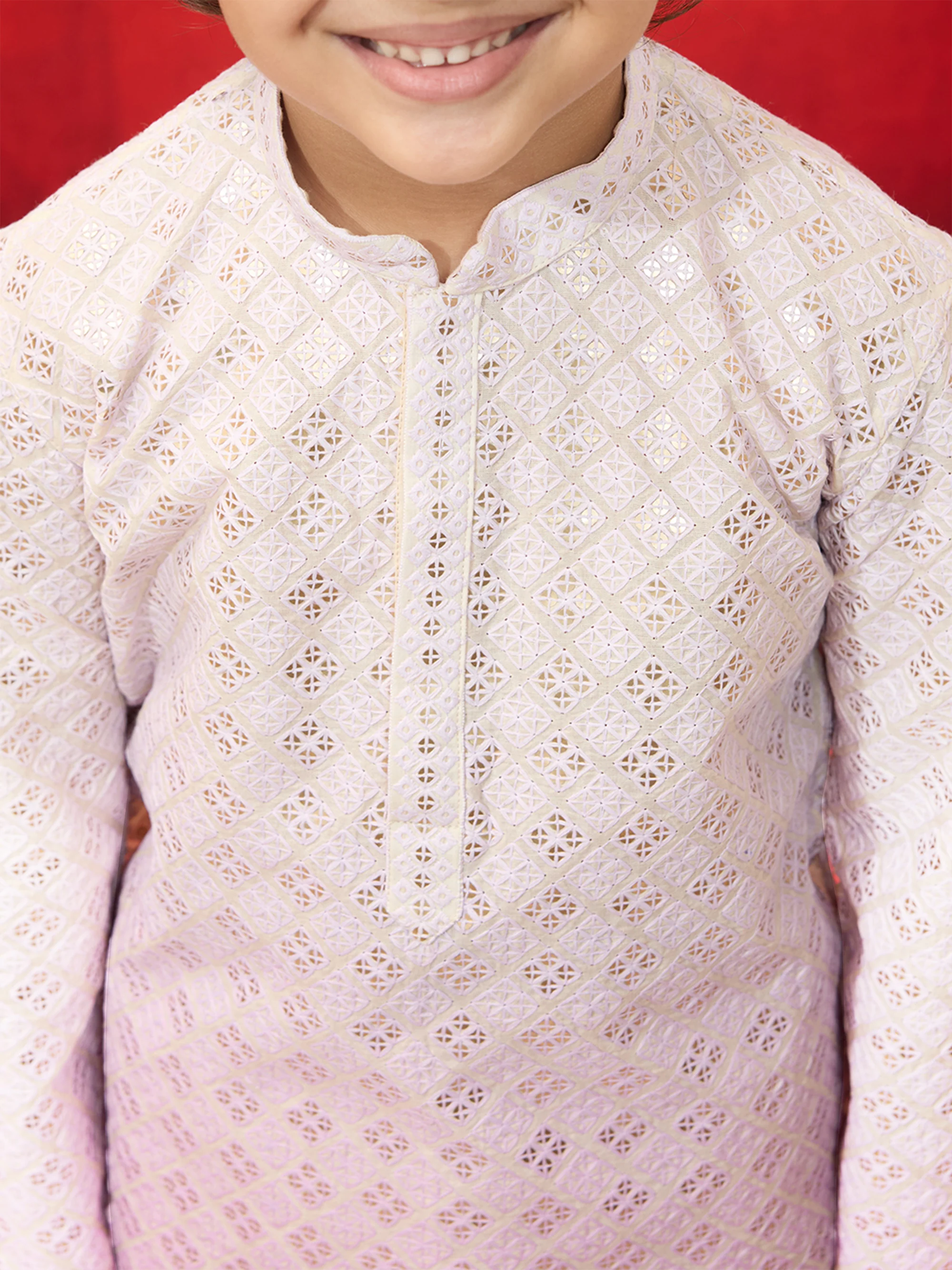 Boys Onion Embroidered Cotton Kurta with Cream Pyjama - Image 3