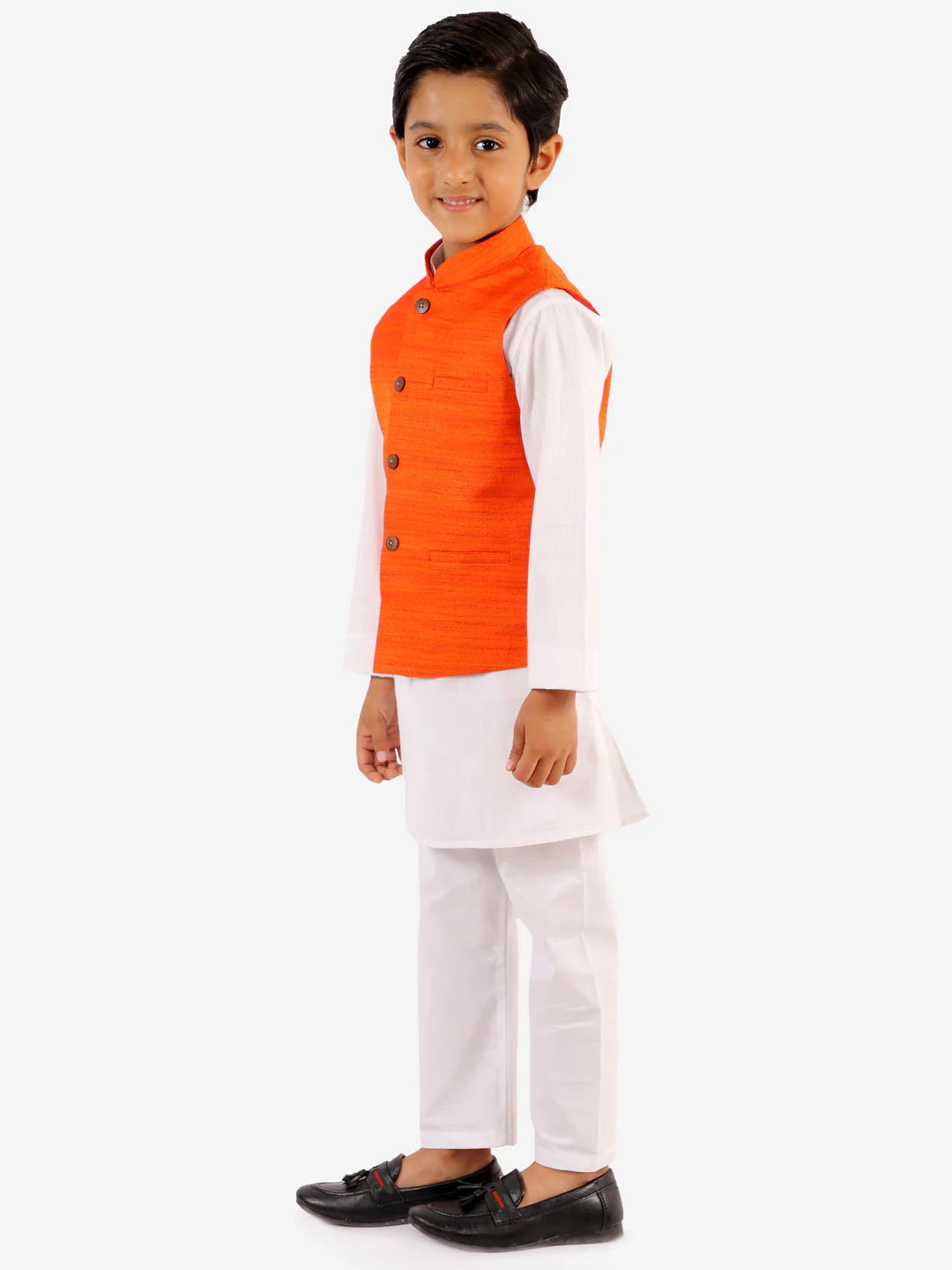 Boy's Orange And White Jacket, Kurta And Pyjama Set - Image 6