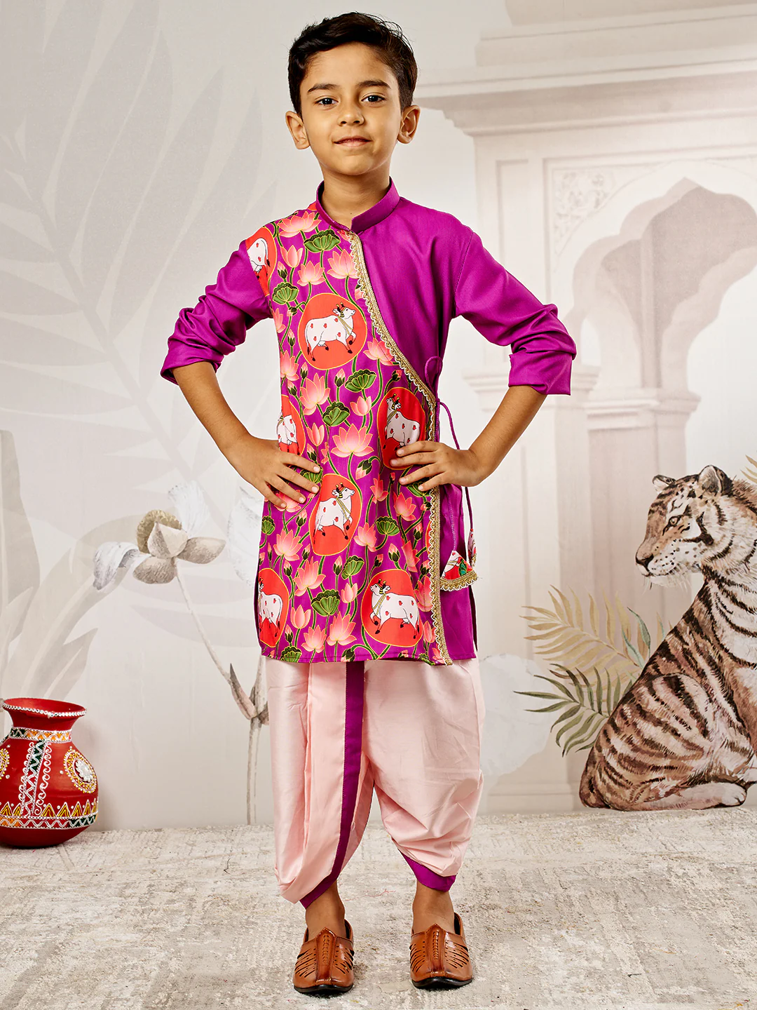 Boy's Purple Muslin Kurta Dhoti Set - Image 3