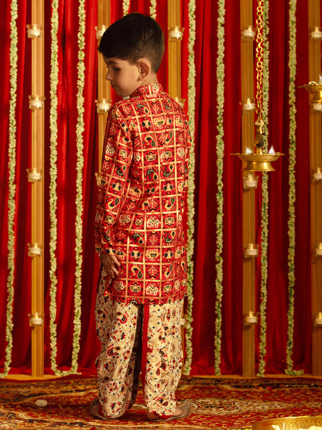 Boy's' Red And Cream Patola Print Ethnic Kurta And Dhoti Set - Image 3