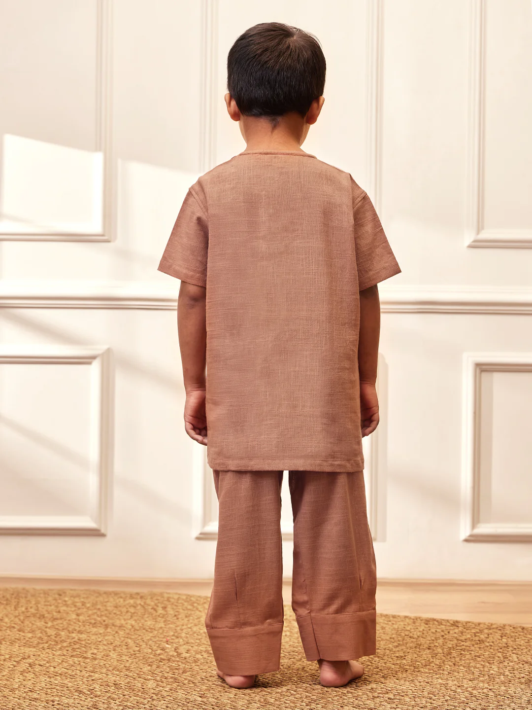 Boy's Rose Pink Solid Cotton Yoga Kurta Set With Trouser - Image 5