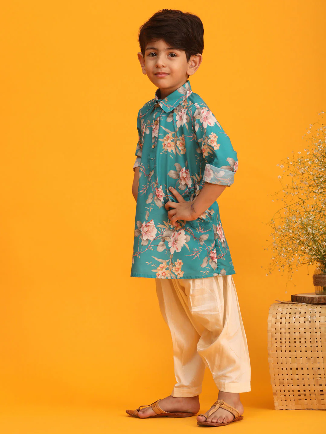 Boy's Turquoise Floral Printed Kurta With Cream Solid Pyjama Set - Image 2