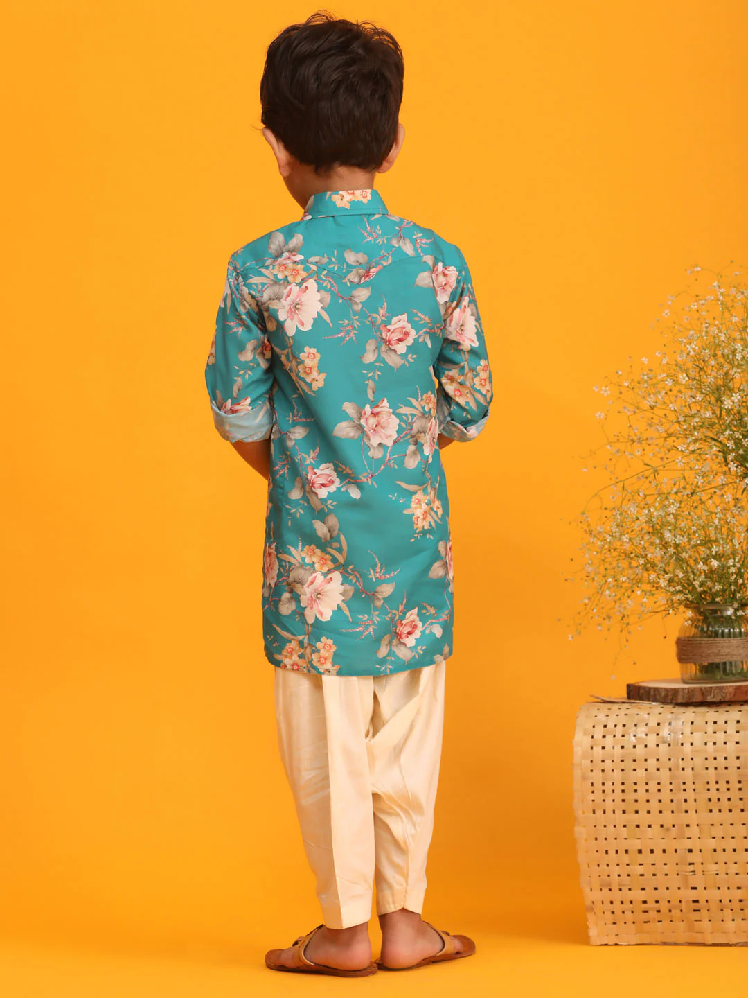 Boy's Turquoise Floral Printed Kurta With Cream Solid Pyjama Set - Image 3