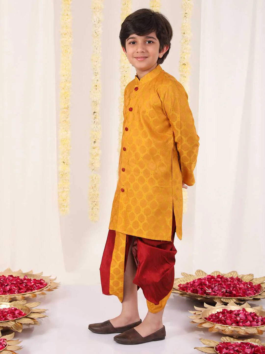 Boy's' Yellow And Maroon Ethnic Jacquard Kurta Dhoti Set - Image 7