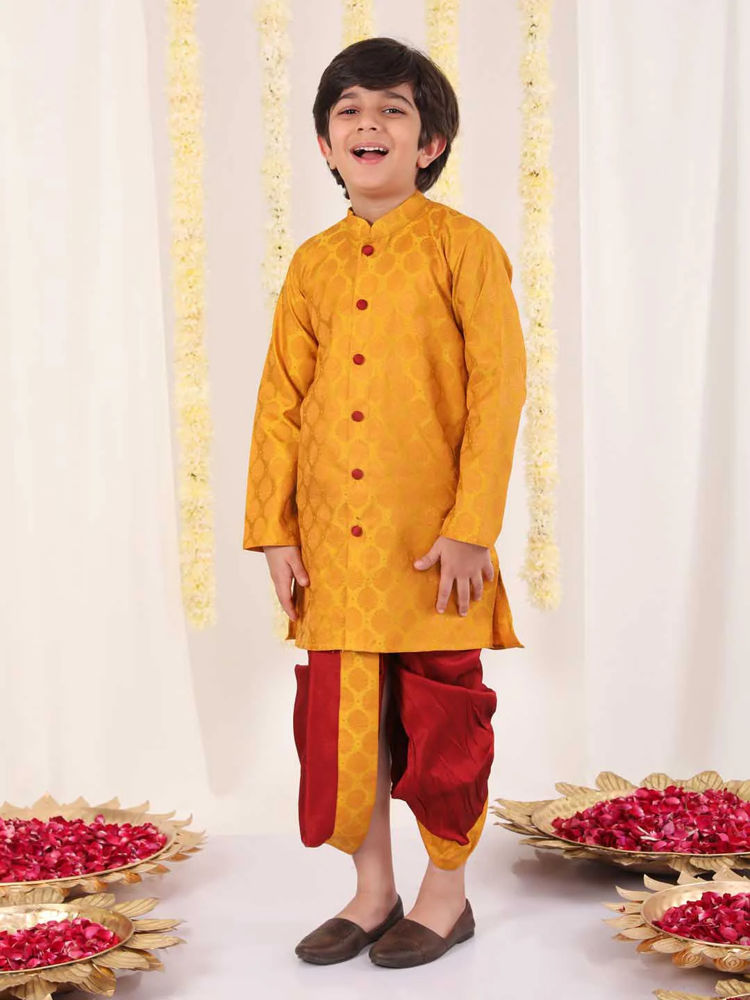 Boy's' Yellow And Maroon Ethnic Jacquard Kurta Dhoti Set - Image 8