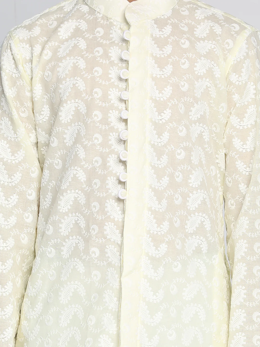 Boys Yellow And White Kurta Pyjama Set - Image 4