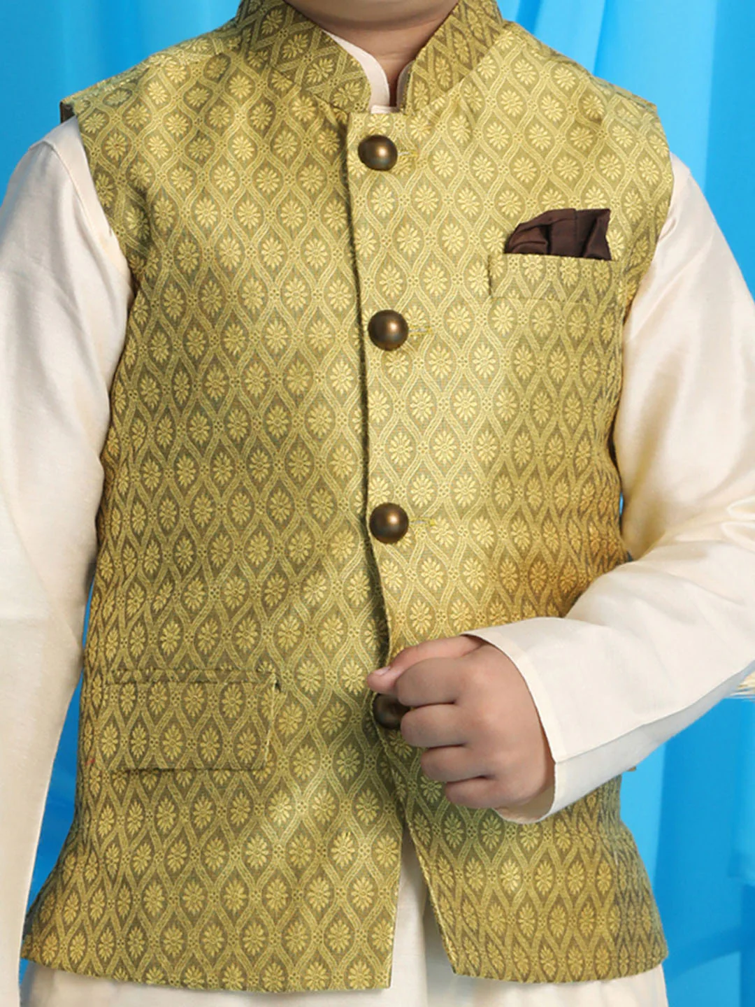 Boy's Yellow Woven Jacket With Cream Kurta And Pyjama Set - Image 4