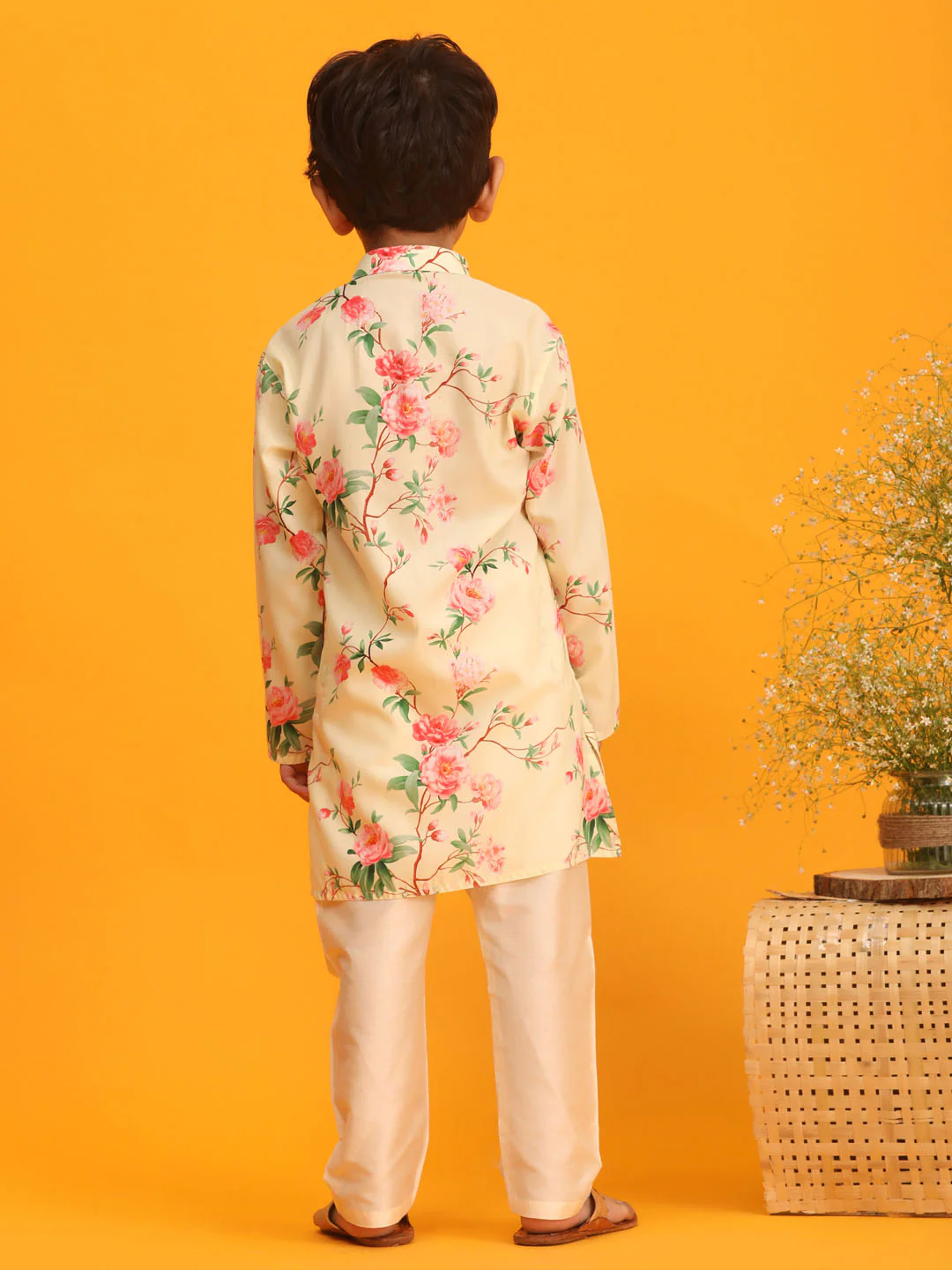 Boy's Yellow Floral Printed Kurta With Cream Solid Pyjama Set - Image 3