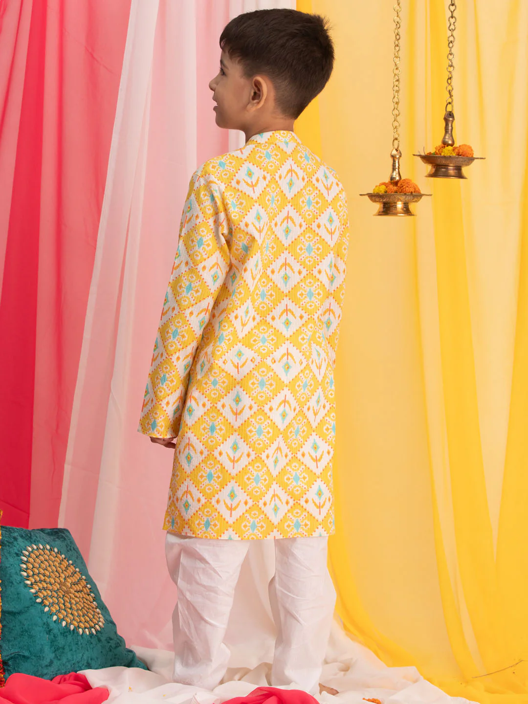 Boy's Yellow Ikkat Print Front Open Kurta With Pyjama Set - Image 3