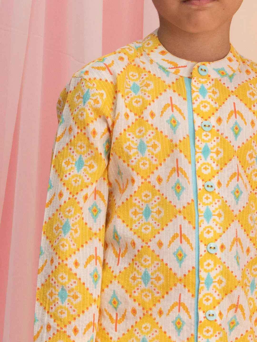 Boy's Yellow Ikkat Print Front Open Kurta With Pyjama Set - Image 4