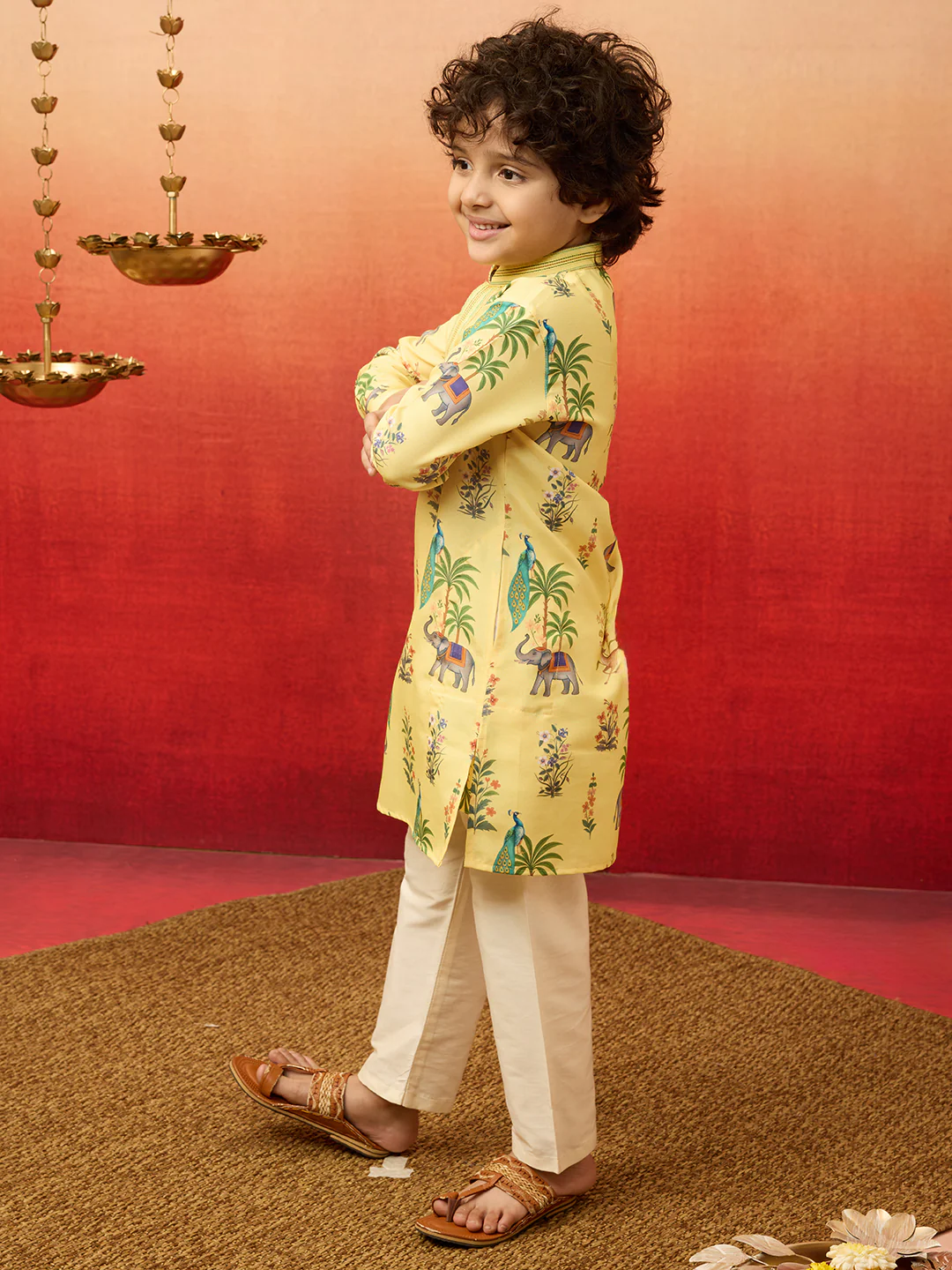 Boys Yellow Rayon Animal Print Kurta with Cream Pyjama Set - Image 4