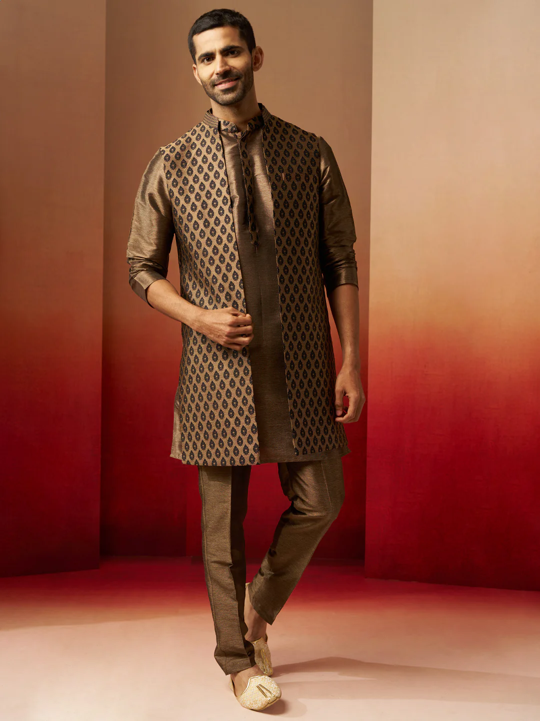 Men Bronze Black Silk 3-Piece Jacquard Set