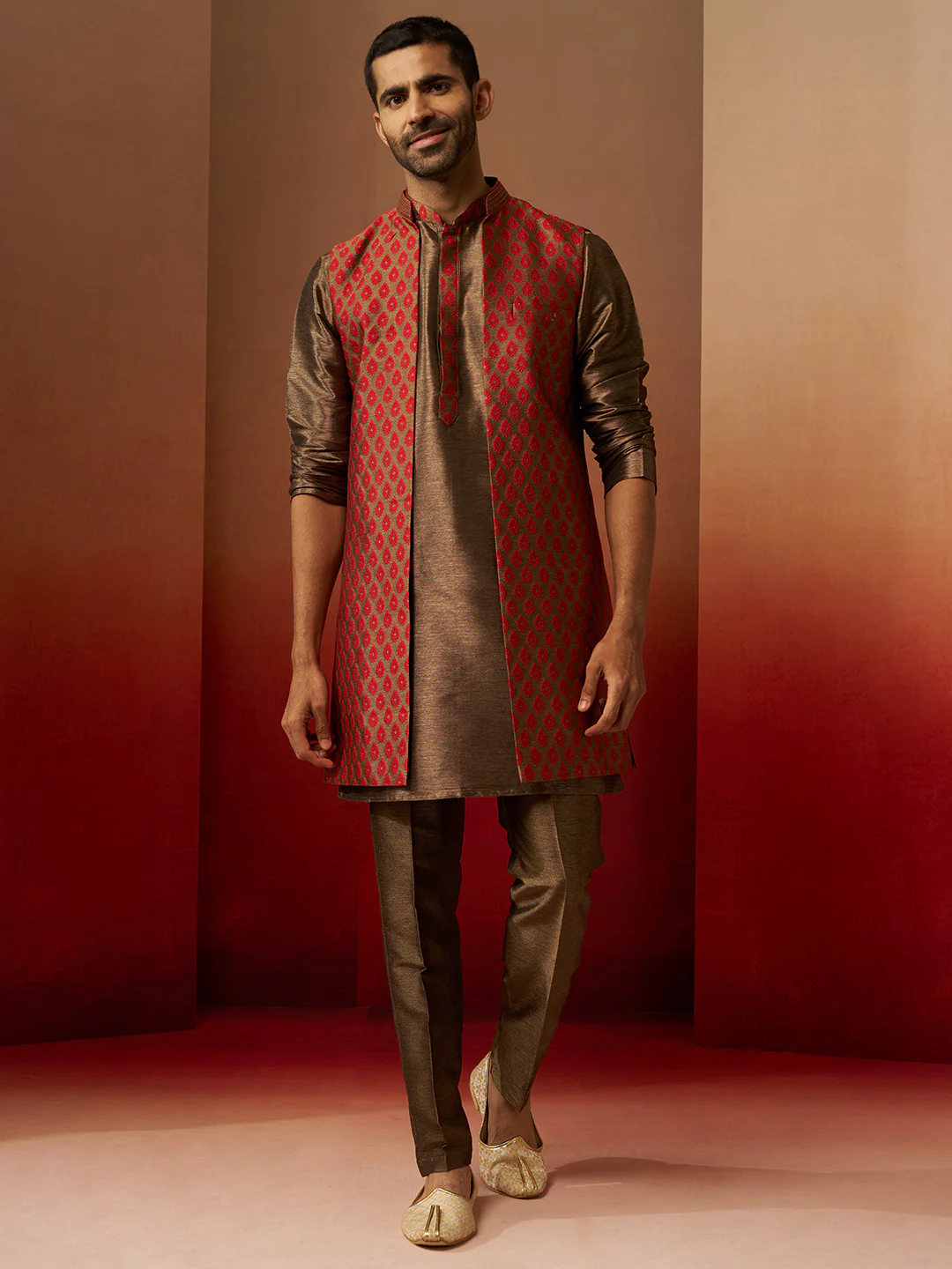 Men Bronze Maroon Silk 3-Piece Jacquard Set - Image 3