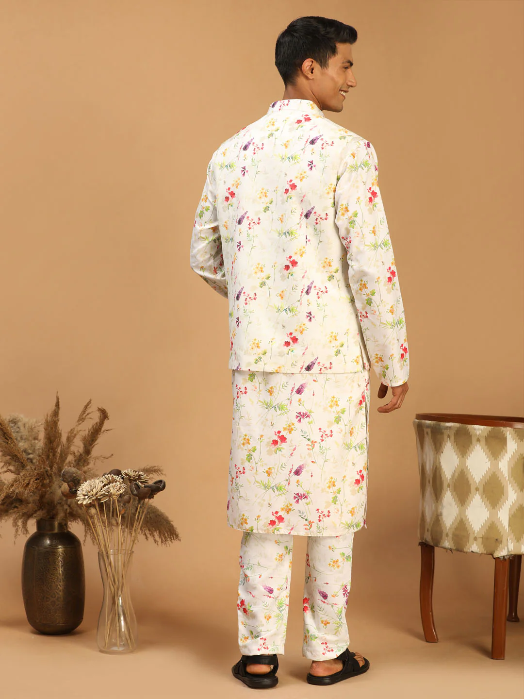 Cream Printed Nehru Jacket And Multicolor-Base Printed Kurta With Matching Rayon Pant Set - Image 3