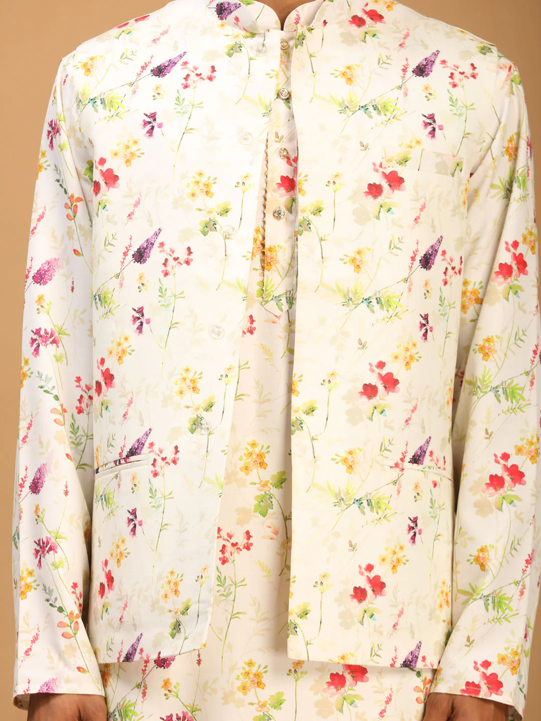 Cream Printed Nehru Jacket And Multicolor-Base Printed Kurta With Matching Rayon Pant Set - Image 4