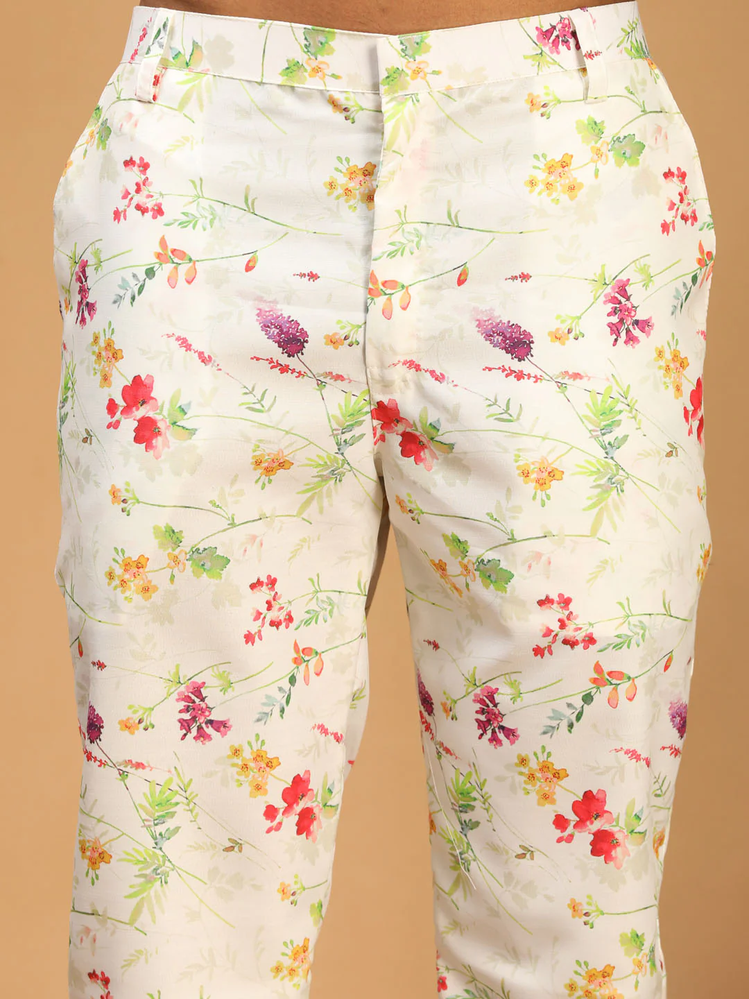 Cream Printed Nehru Jacket And Multicolor-Base Printed Kurta With Matching Rayon Pant Set - Image 5