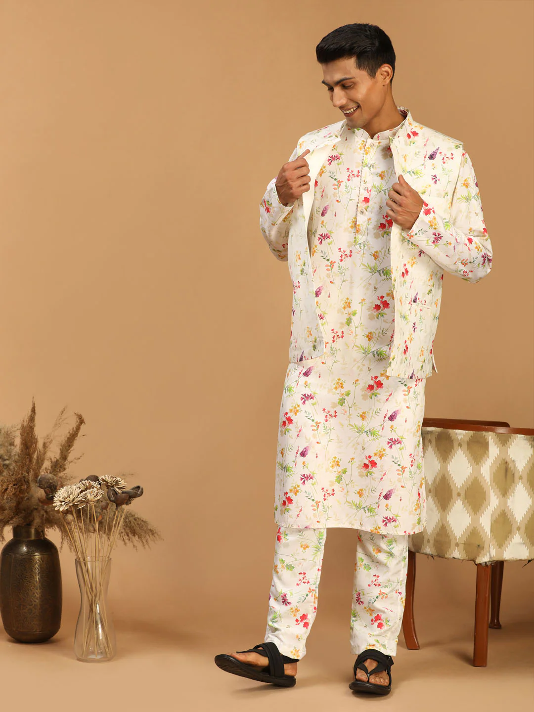 Cream Printed Nehru Jacket And Multicolor-Base Printed Kurta With Matching Rayon Pant Set - Image 6